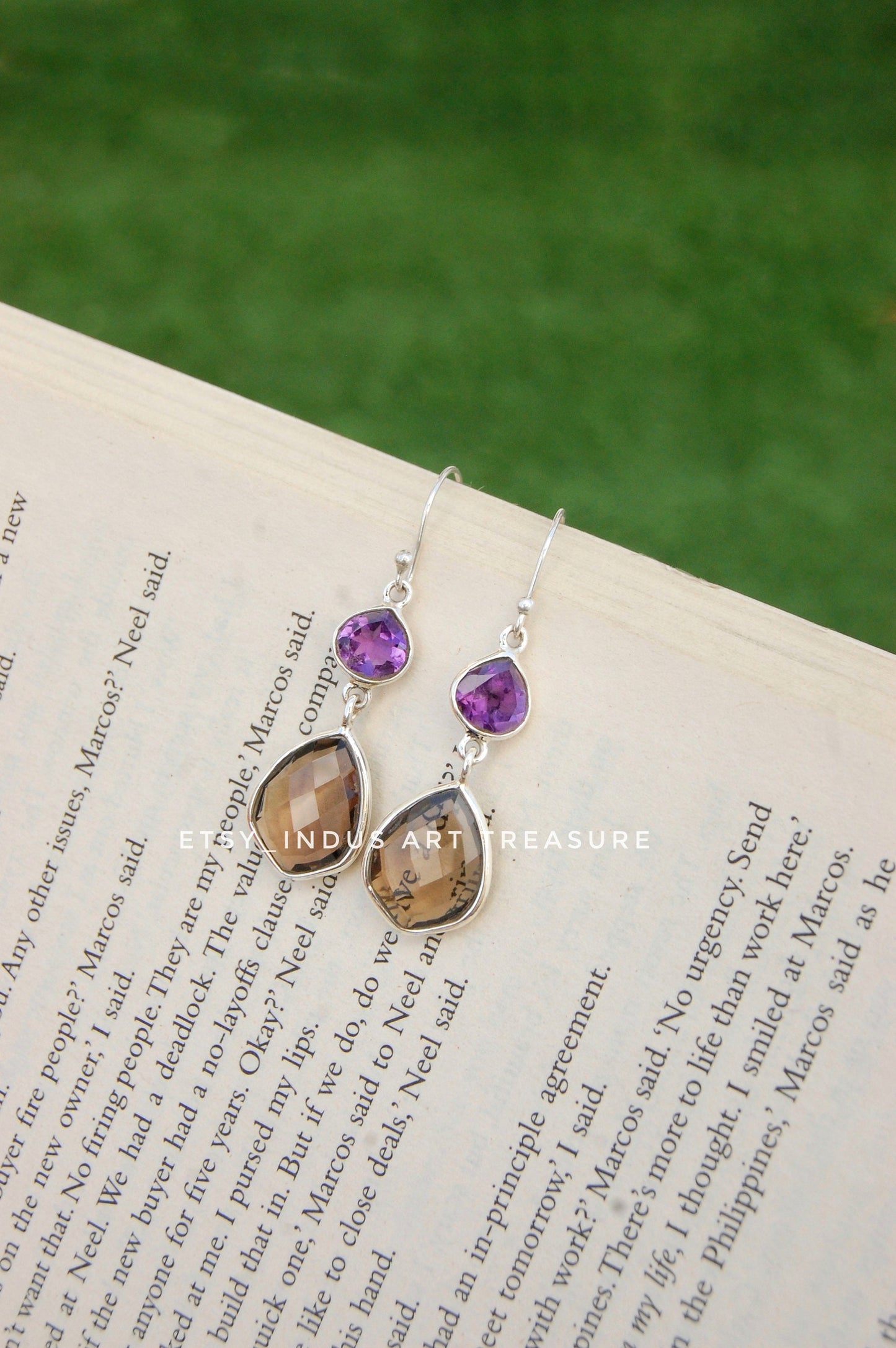 Amethyst -Smoky Quartz Long Dangling Earrings