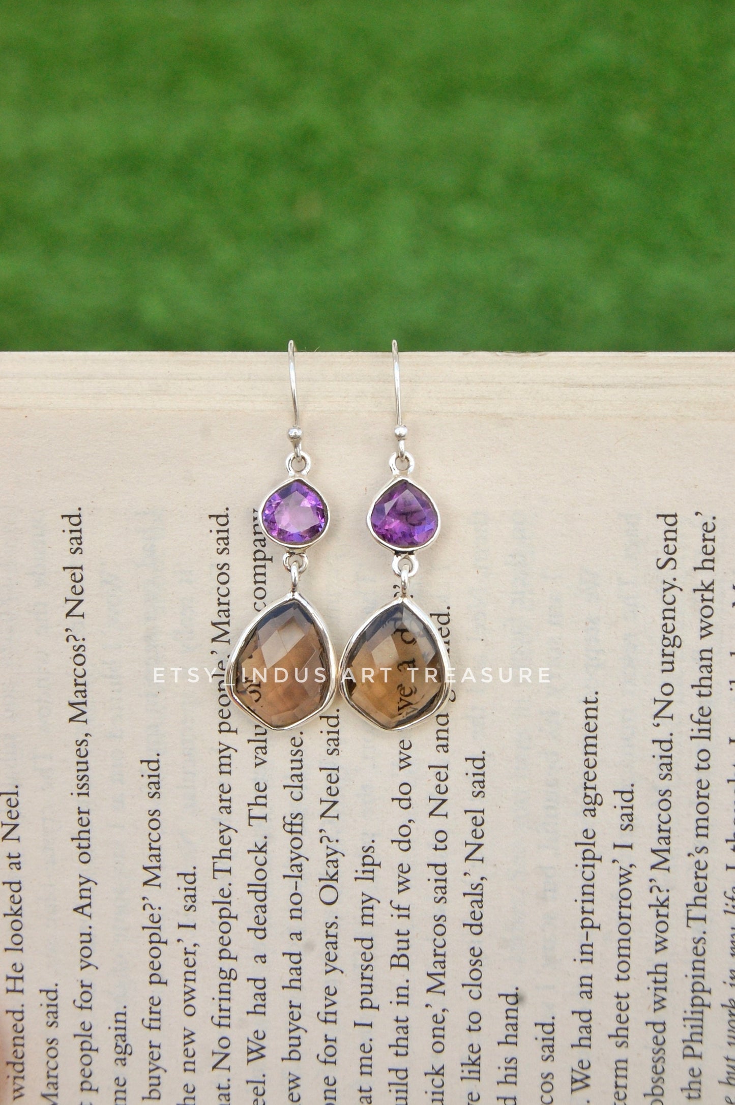 Amethyst -Smoky Quartz Long Dangling Earrings
