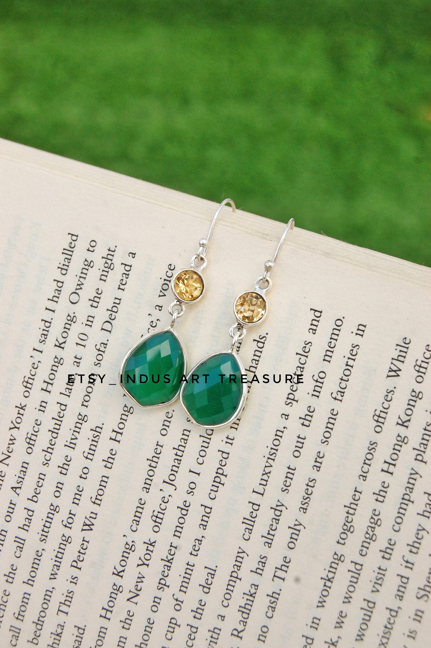 Green Onyx- Citrine Dangle Earrings