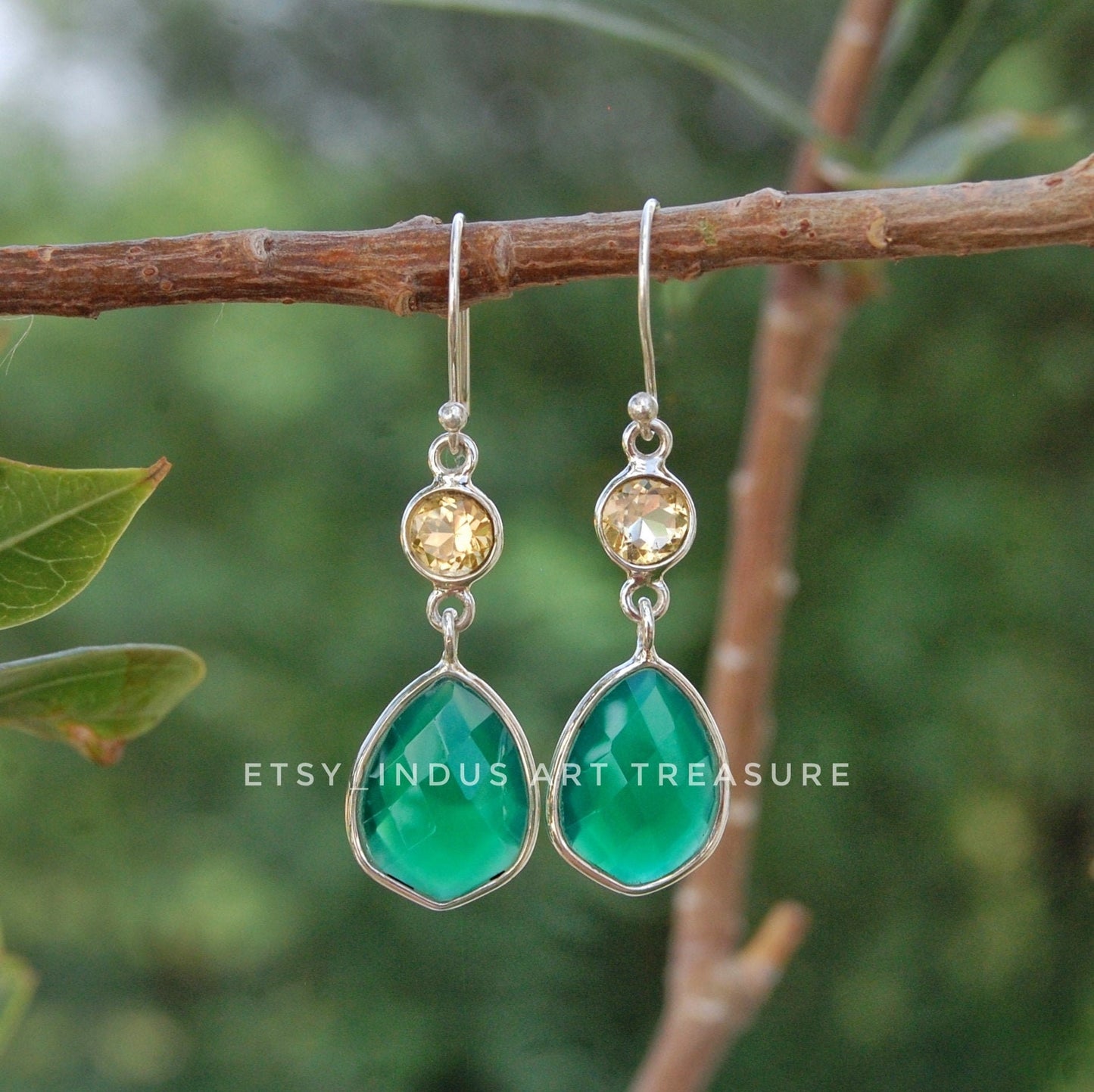 Green Onyx- Citrine Dangle Earrings
