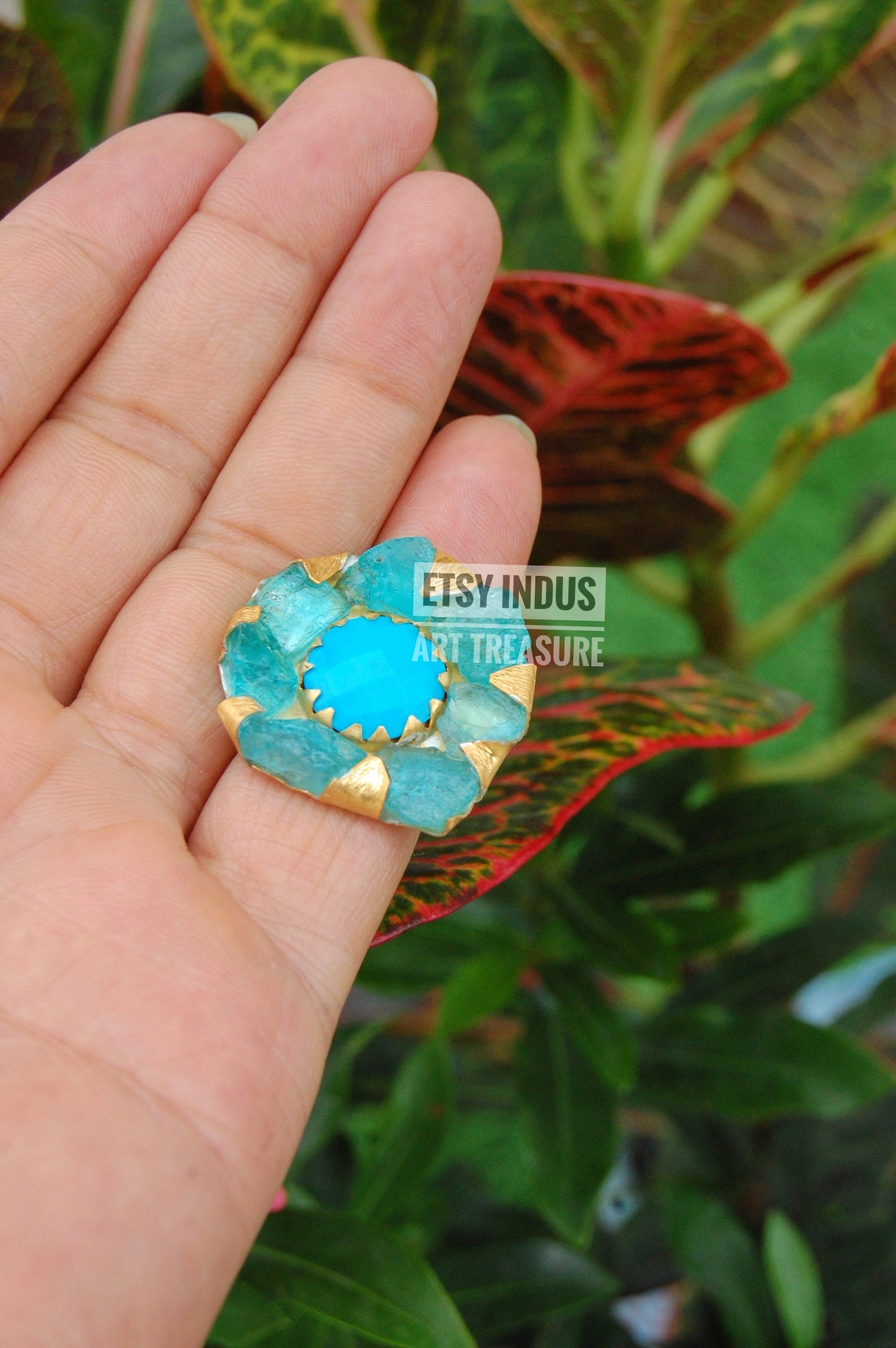 Raw Apatite- Natural Turquoise Floral Gold Plated Ring