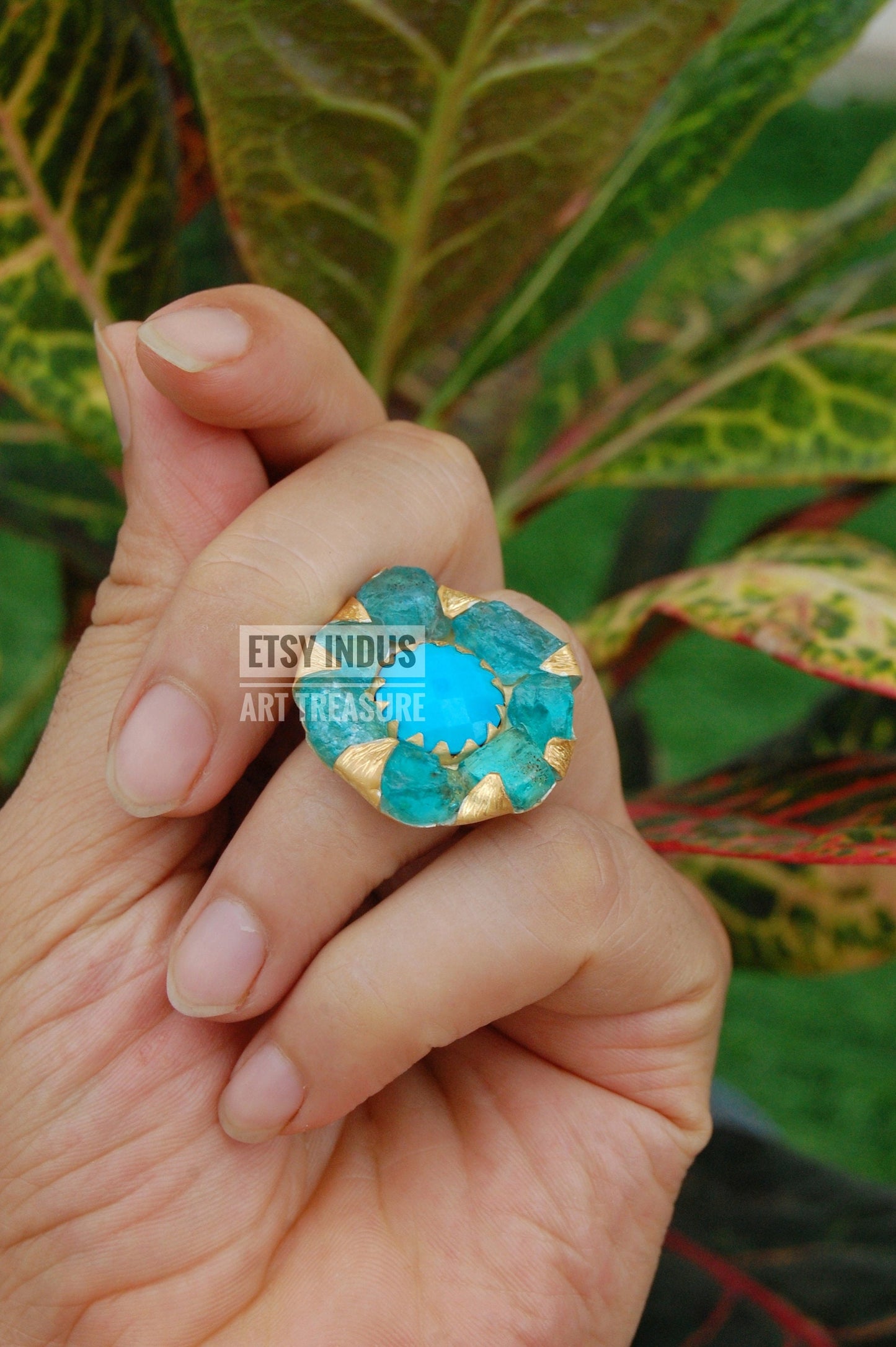 Raw Apatite- Natural Turquoise Floral Gold Plated Ring