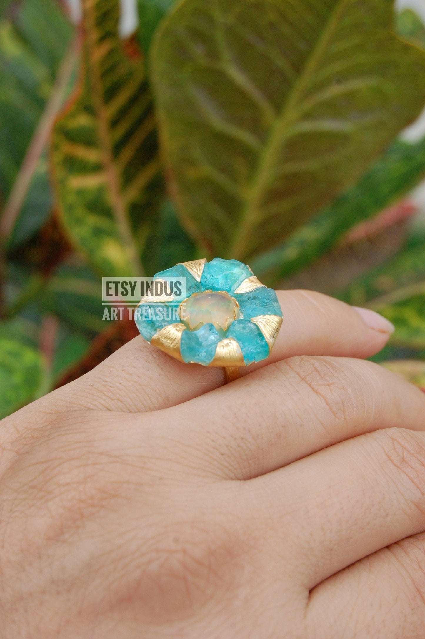 Raw Apatite- Natural Opal Floral Gold Ring