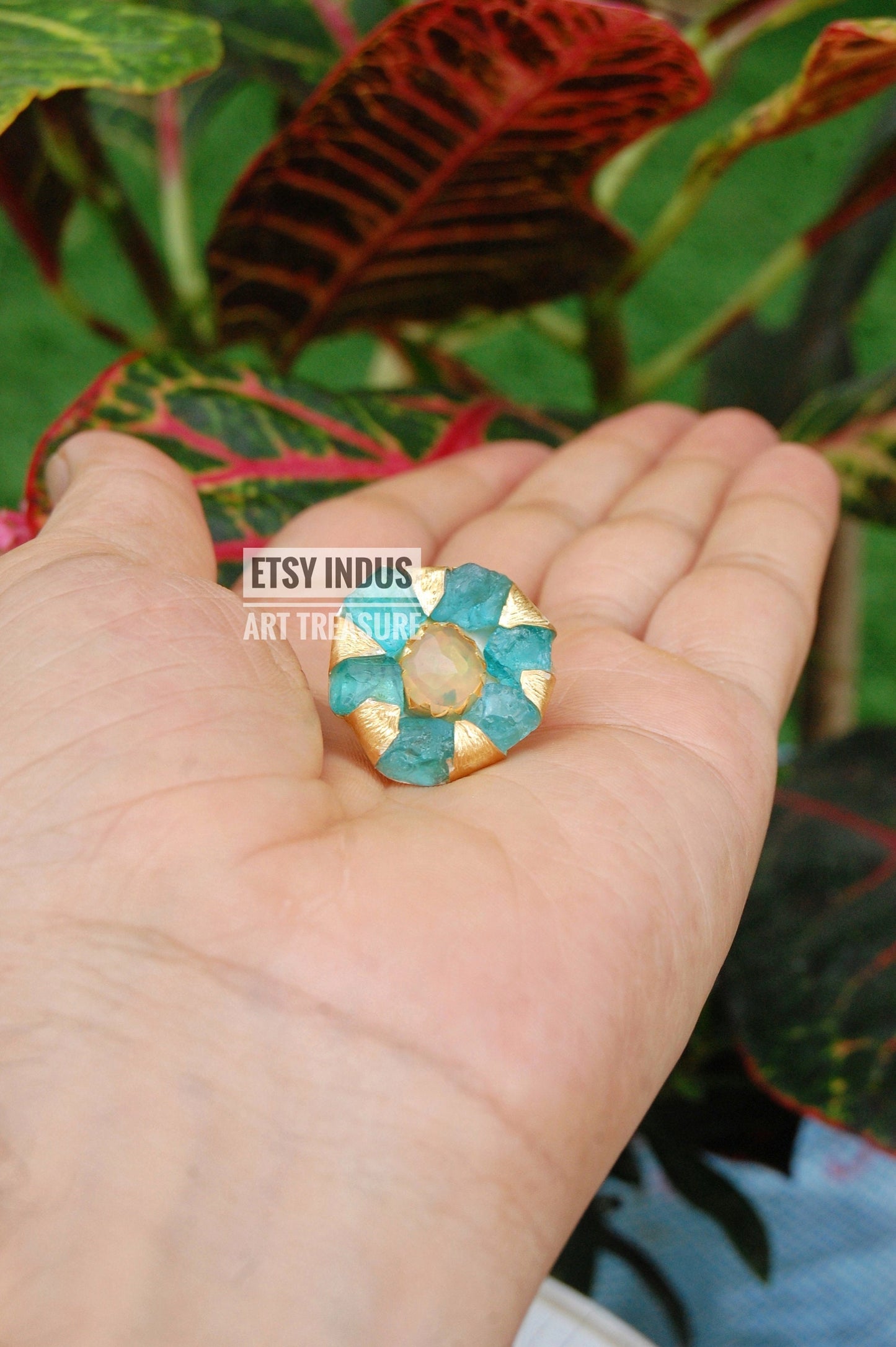 Raw Apatite- Natural Opal Floral Gold Ring