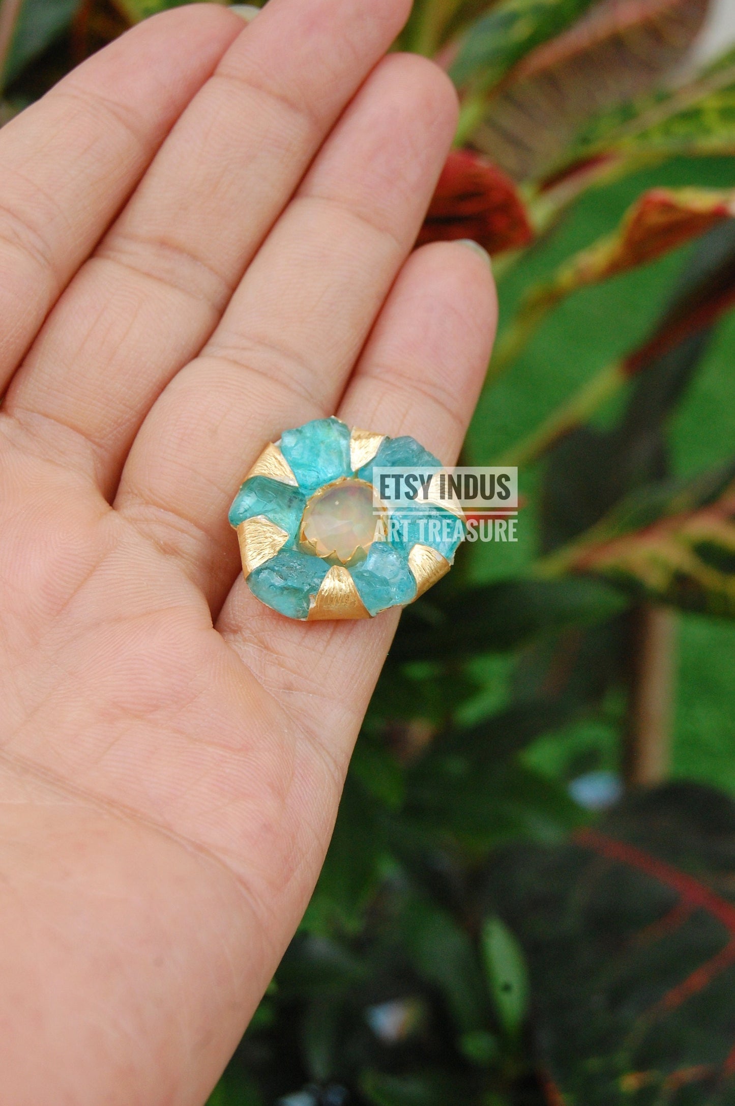 Raw Apatite- Natural Opal Floral Gold Ring