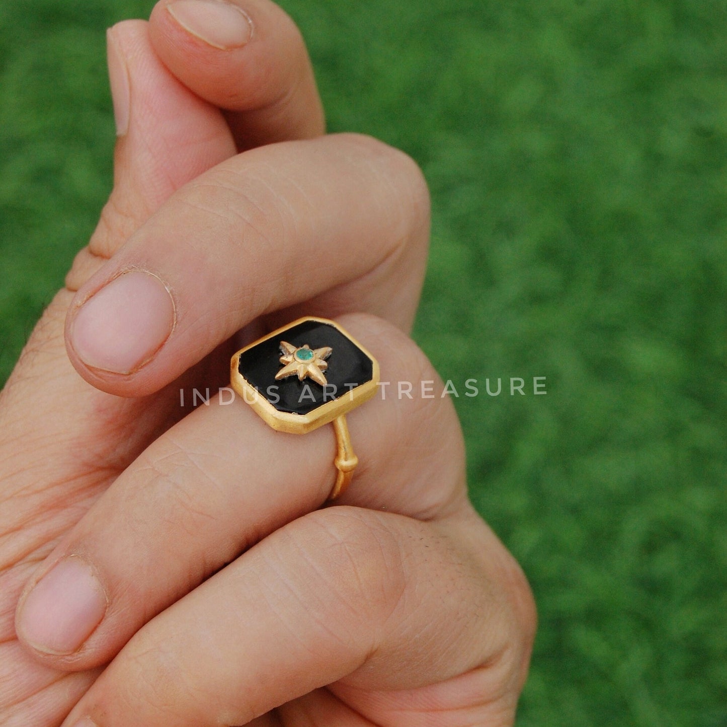 Black Onyx Signet Gold Plated Ring