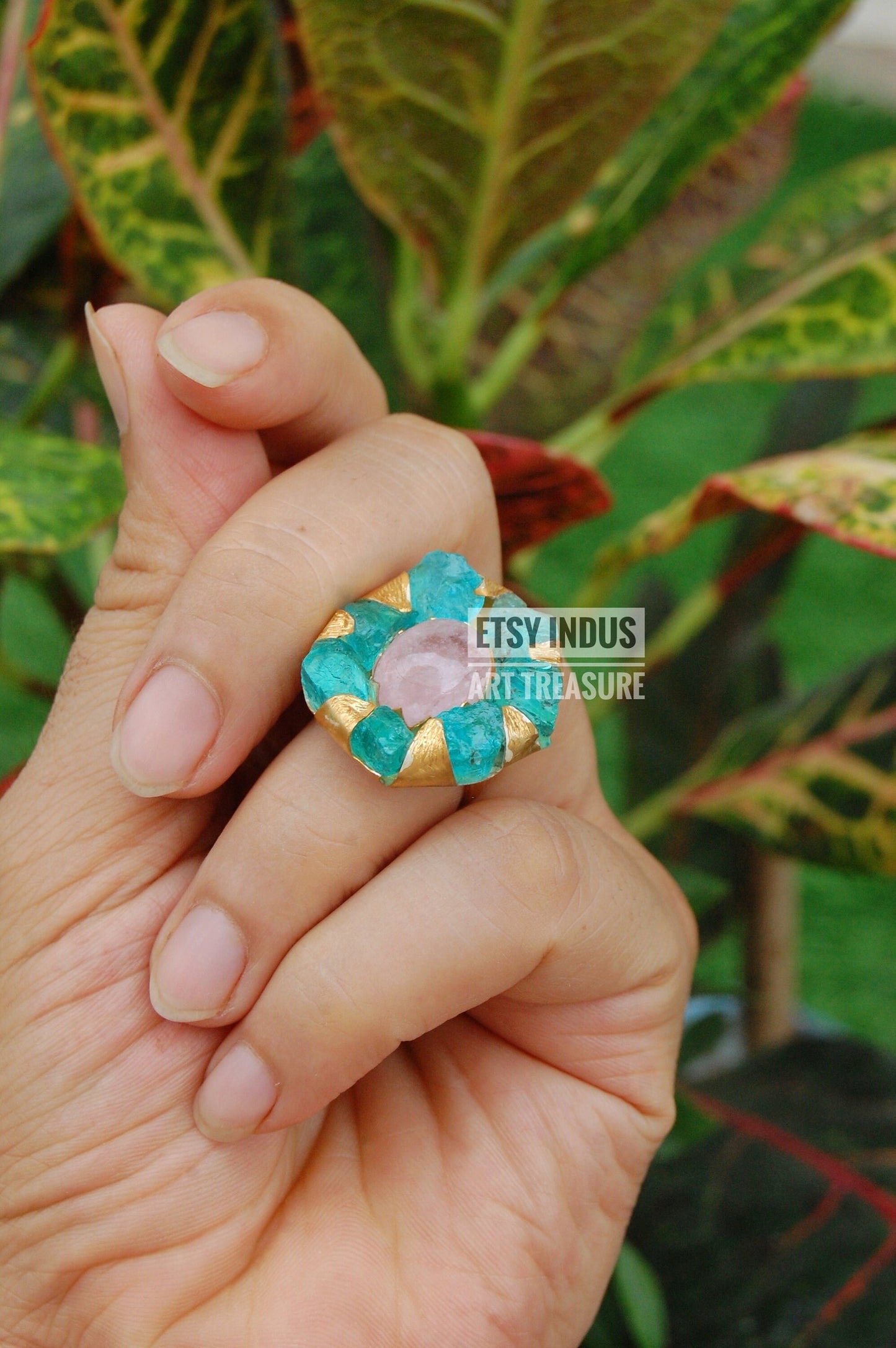 Raw Apatite- Rose Quartz Floral Gold Plated Ring