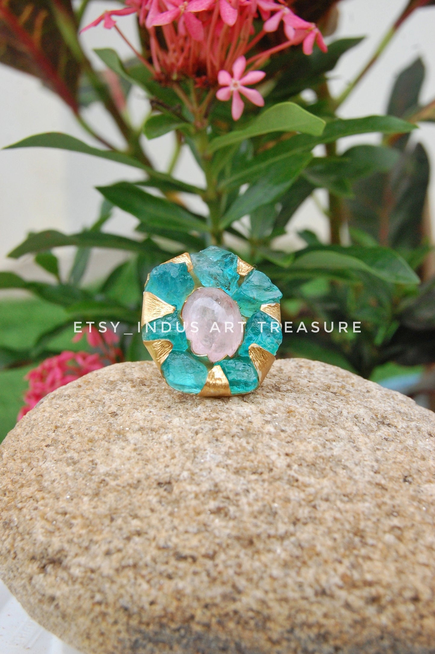 Raw Apatite- Rose Quartz Floral Gold Plated Ring