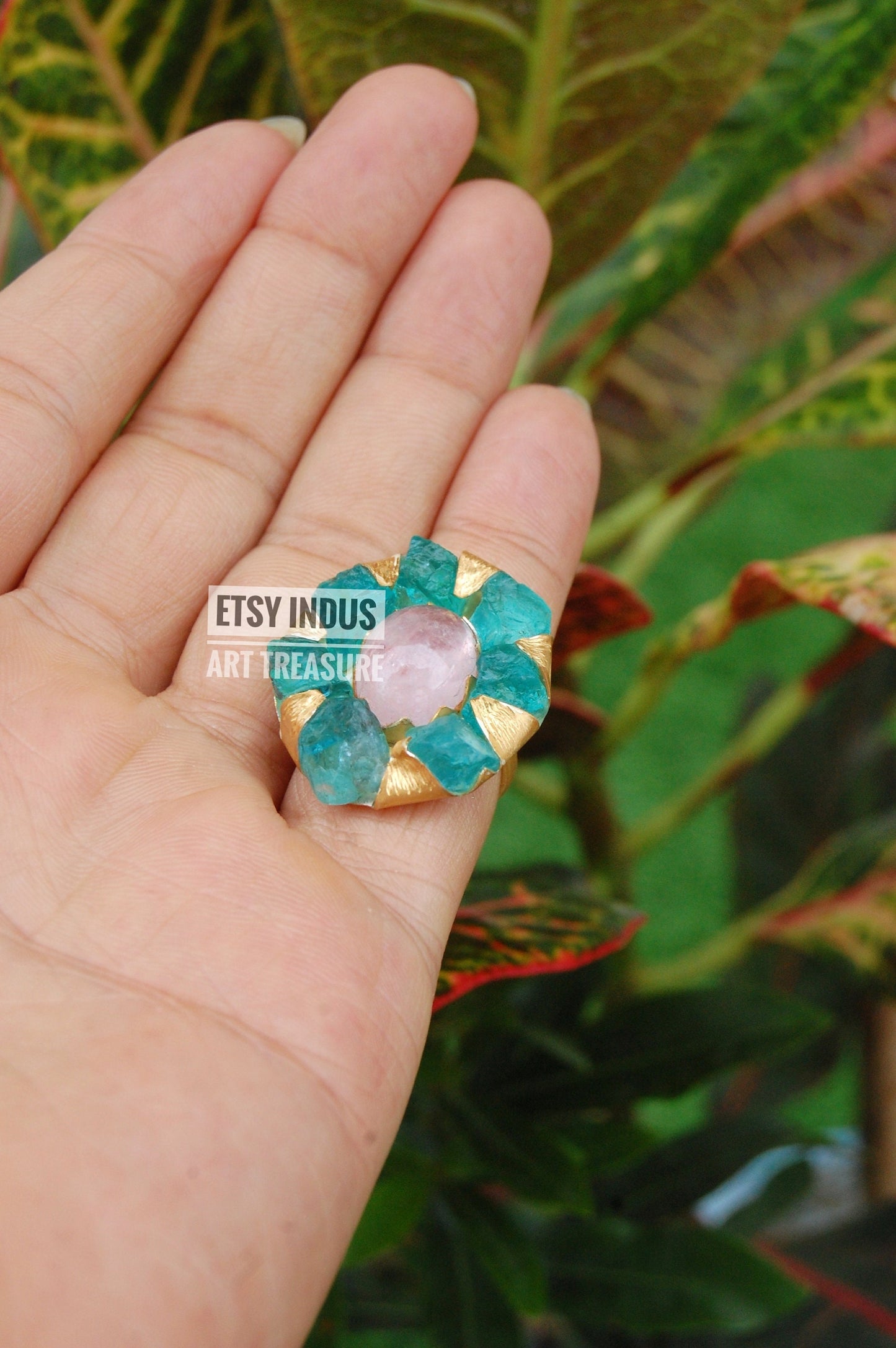 Raw Apatite- Rose Quartz Floral Gold Plated Ring
