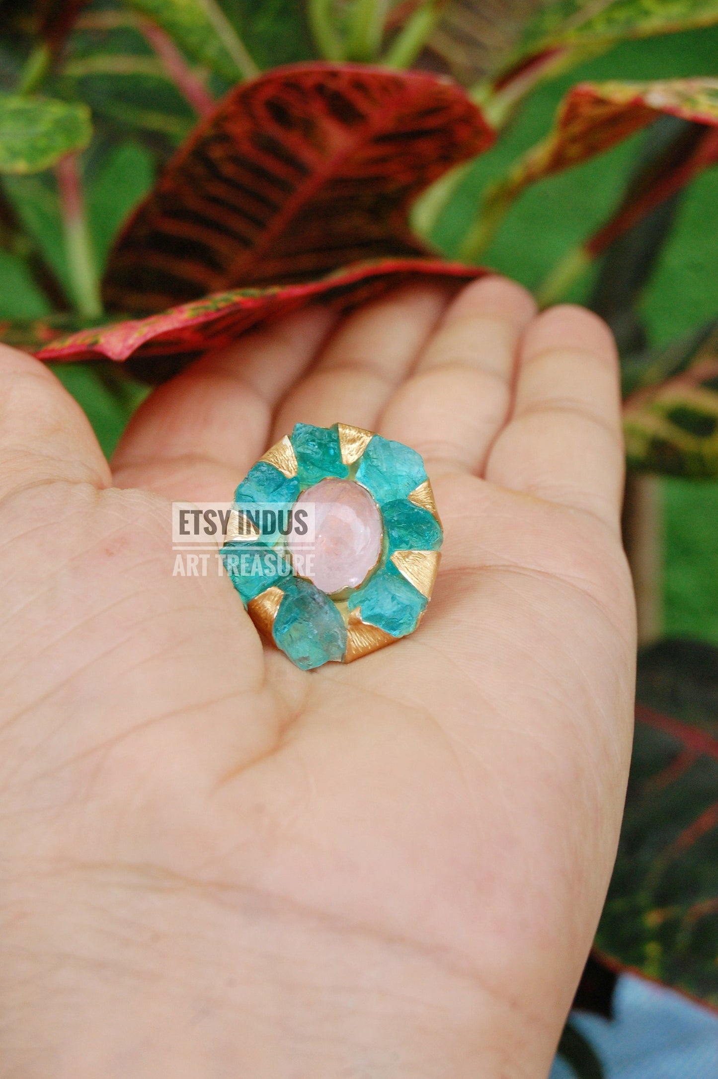Raw Apatite- Rose Quartz Floral Gold Plated Ring
