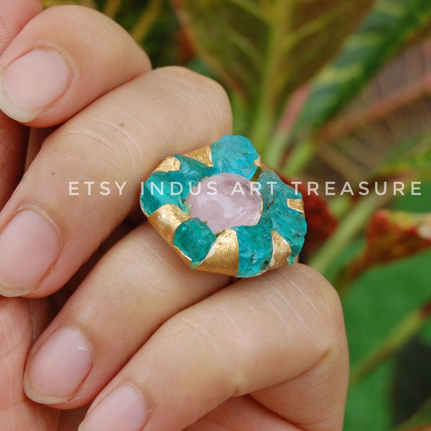 Raw Apatite- Rose Quartz Floral Gold Plated Ring