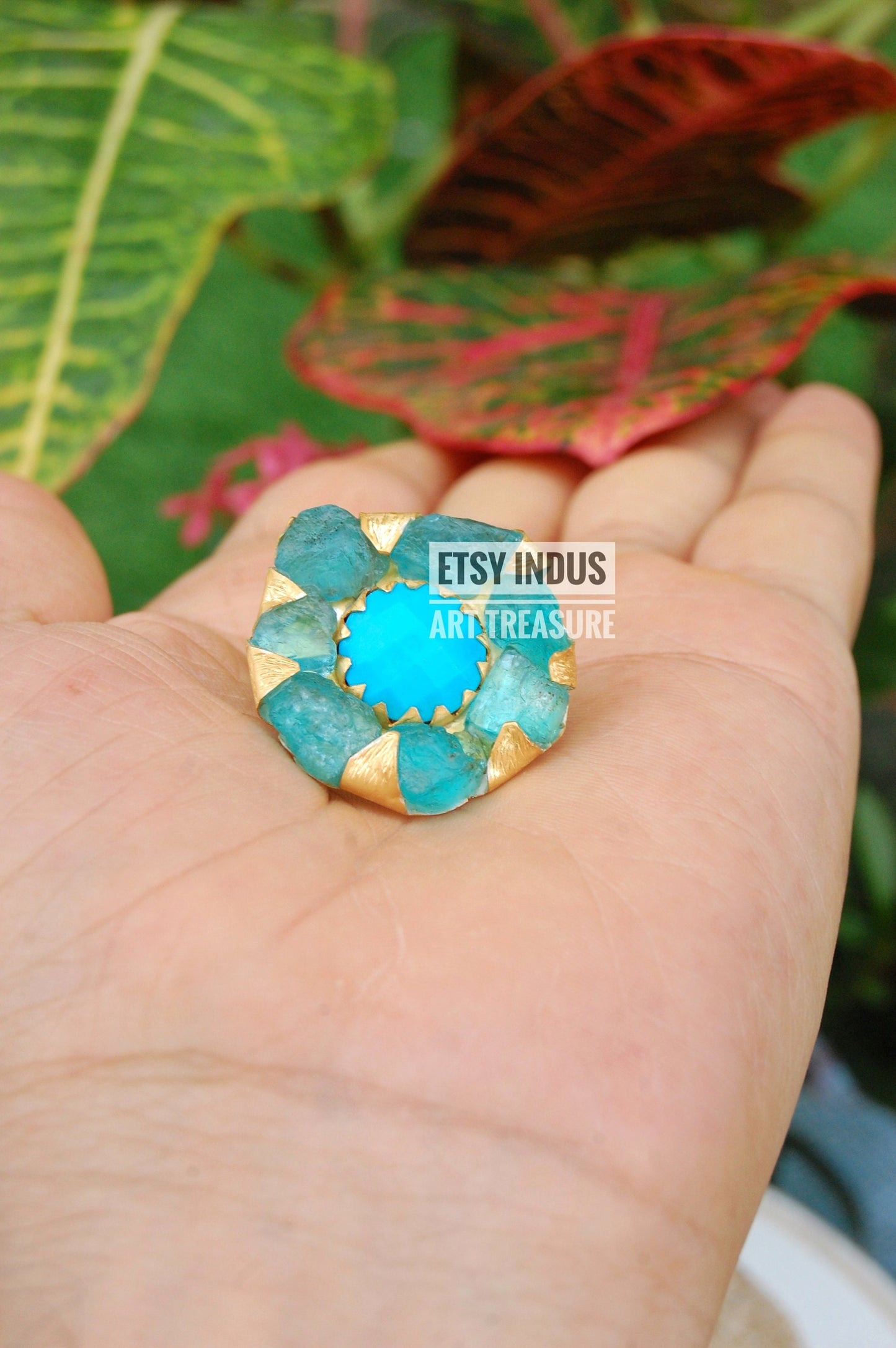 Raw Apatite- Natural Turquoise Floral Gold Plated Ring