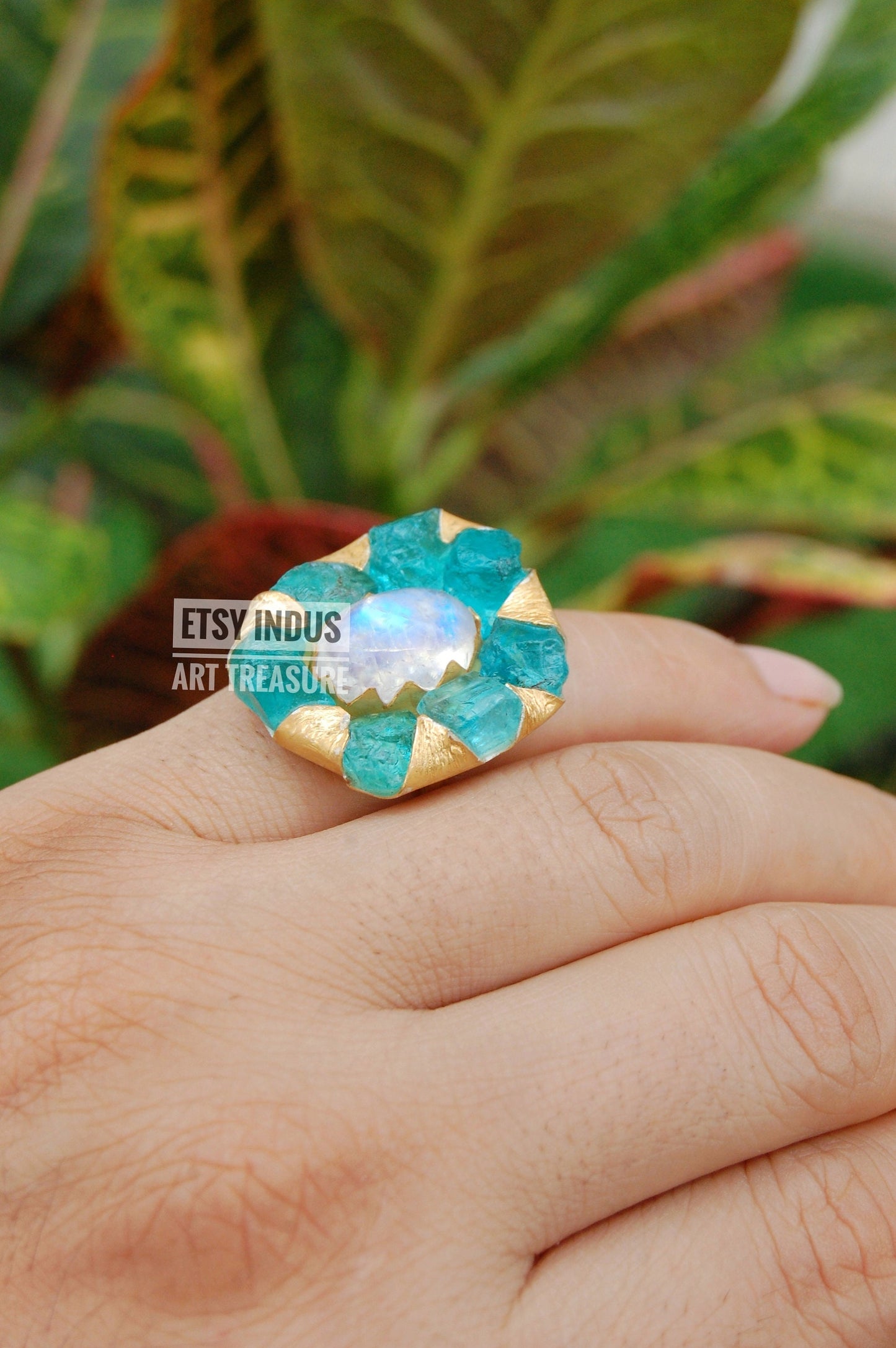 Raw Apatite- Moonstone Floral Gold Plated Ring
