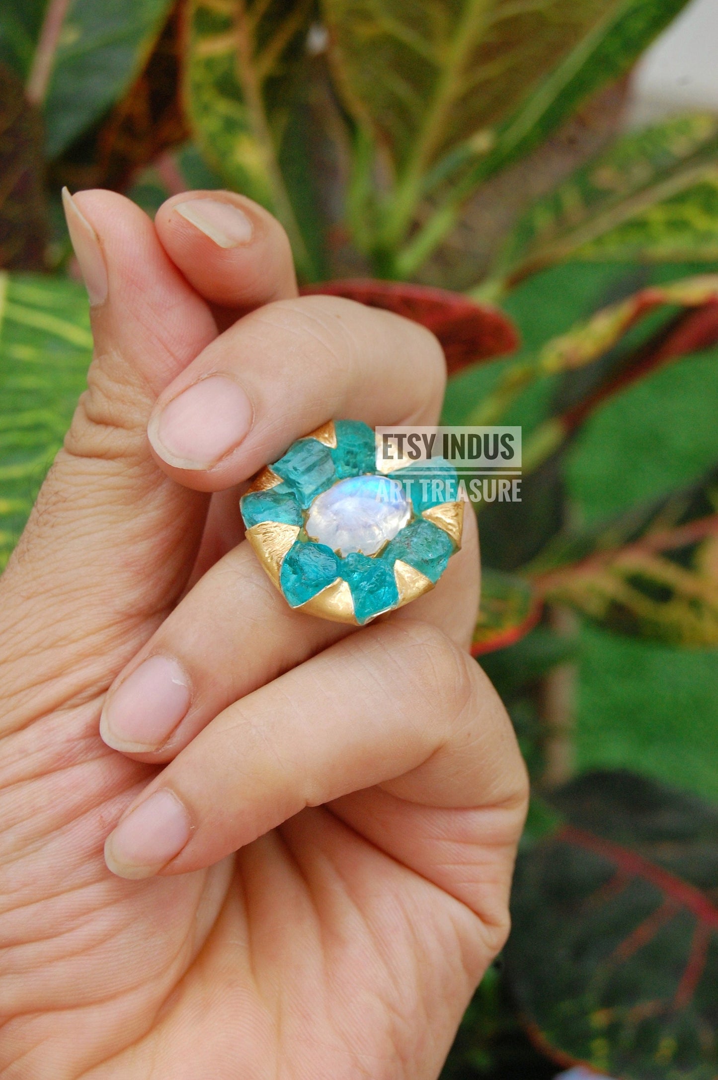 Raw Apatite- Moonstone Floral Gold Plated Ring