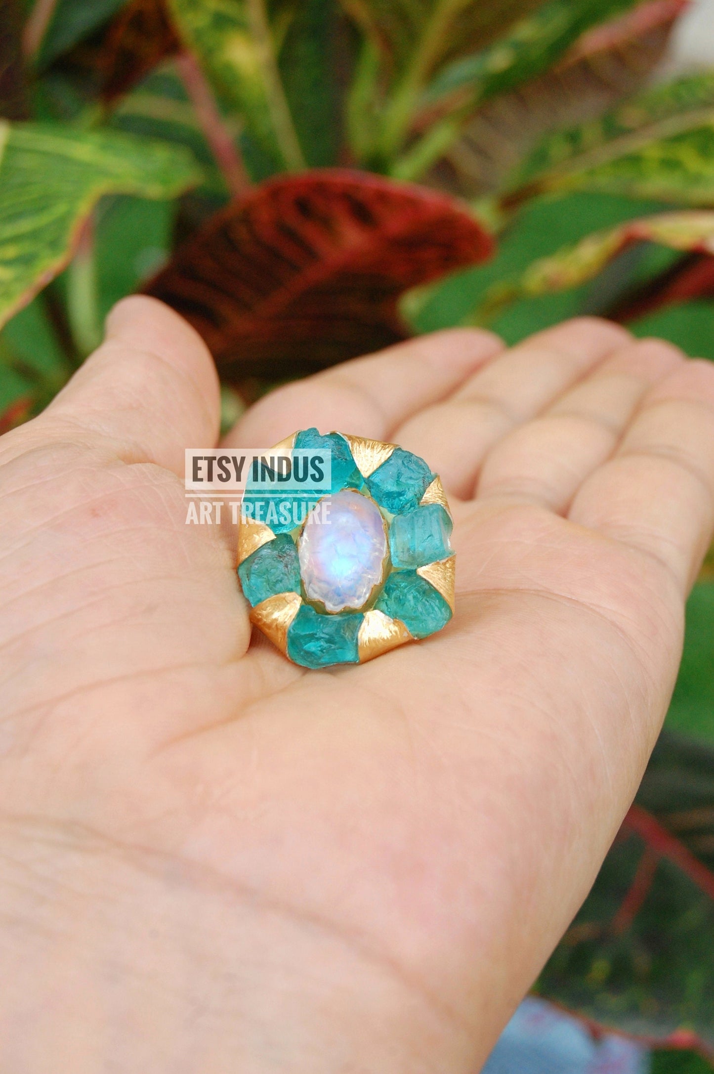 Raw Apatite- Moonstone Floral Gold Plated Ring