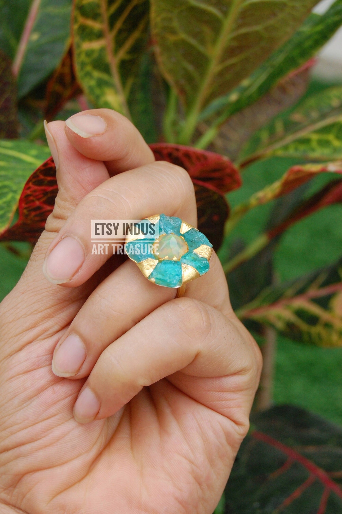 Raw Apatite- Natural Opal Floral Gold Ring