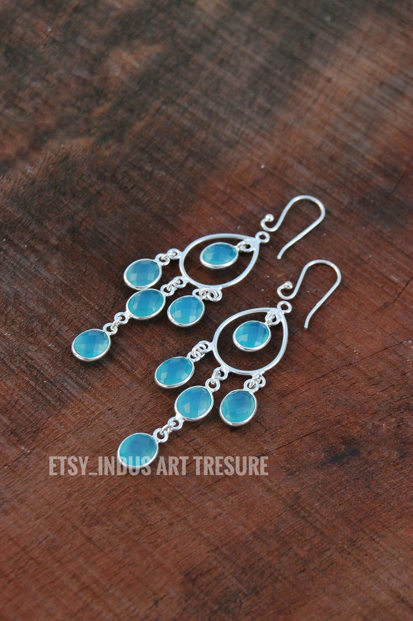 Aqua Chalcedony Long Dangling Earrings