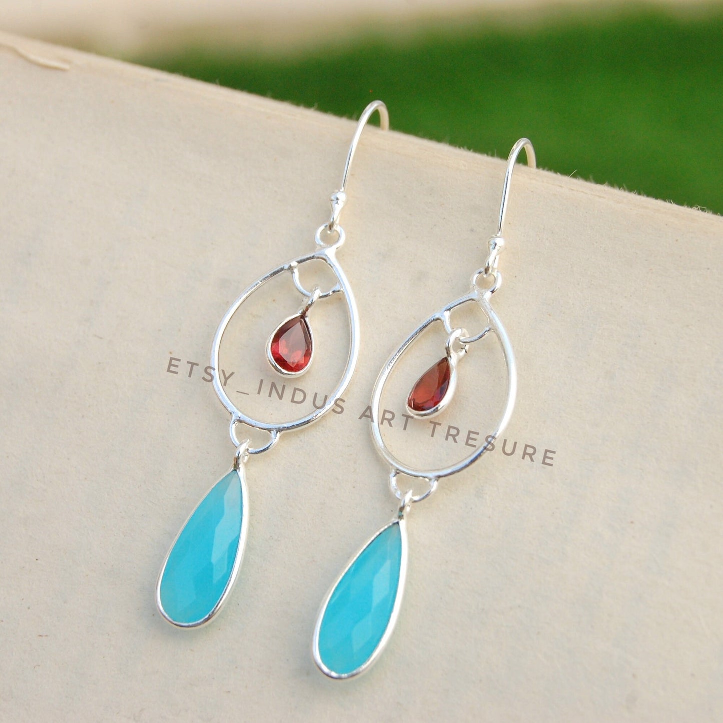 Aqua Chalcedony - Garnet Dangle Earrings