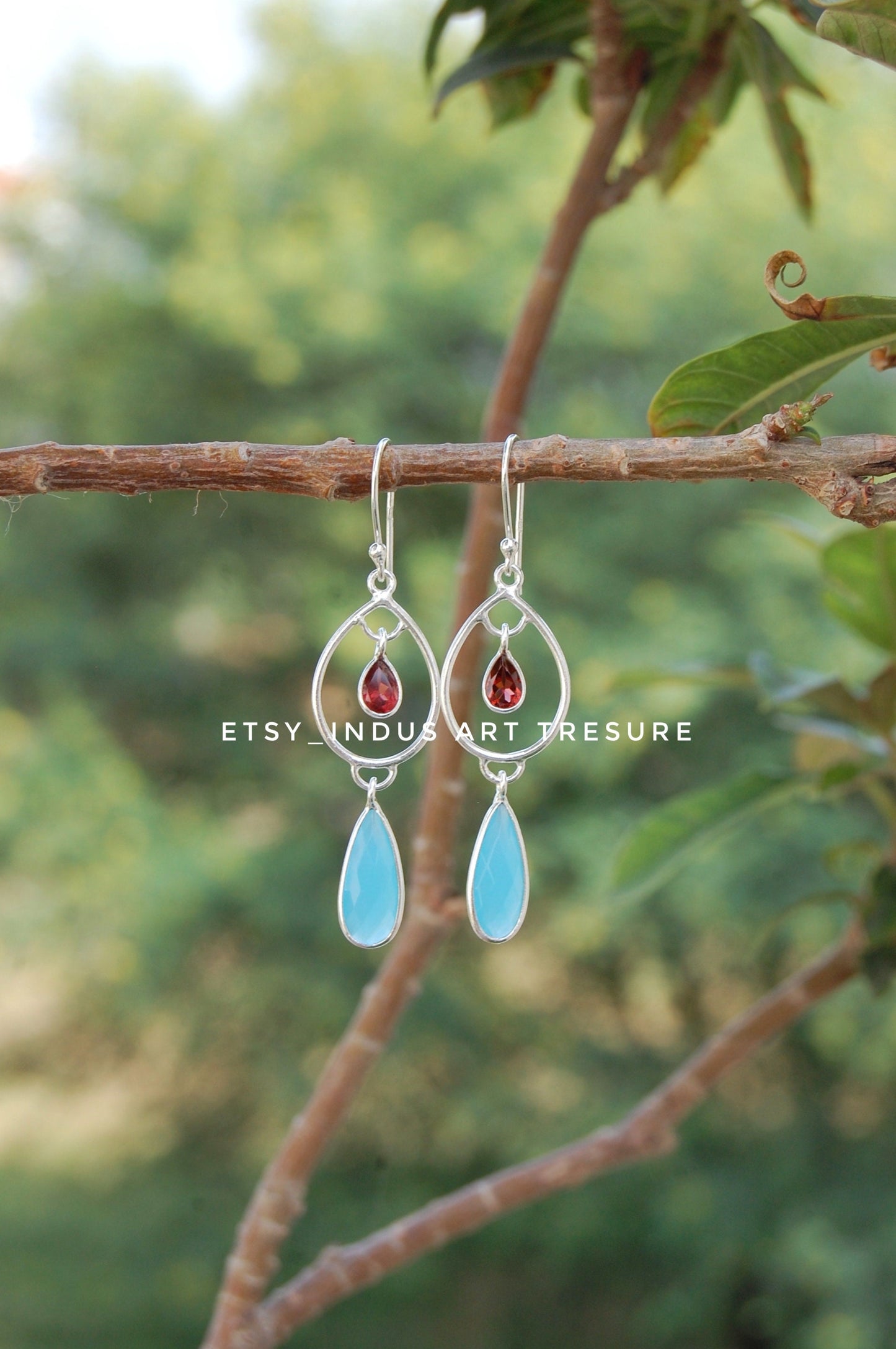 Aqua Chalcedony - Garnet Dangle Earrings
