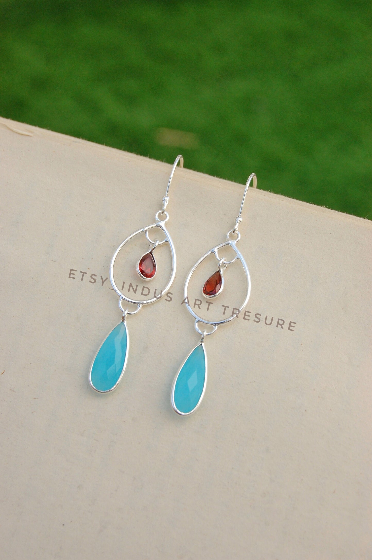 Aqua Chalcedony - Garnet Dangle Earrings
