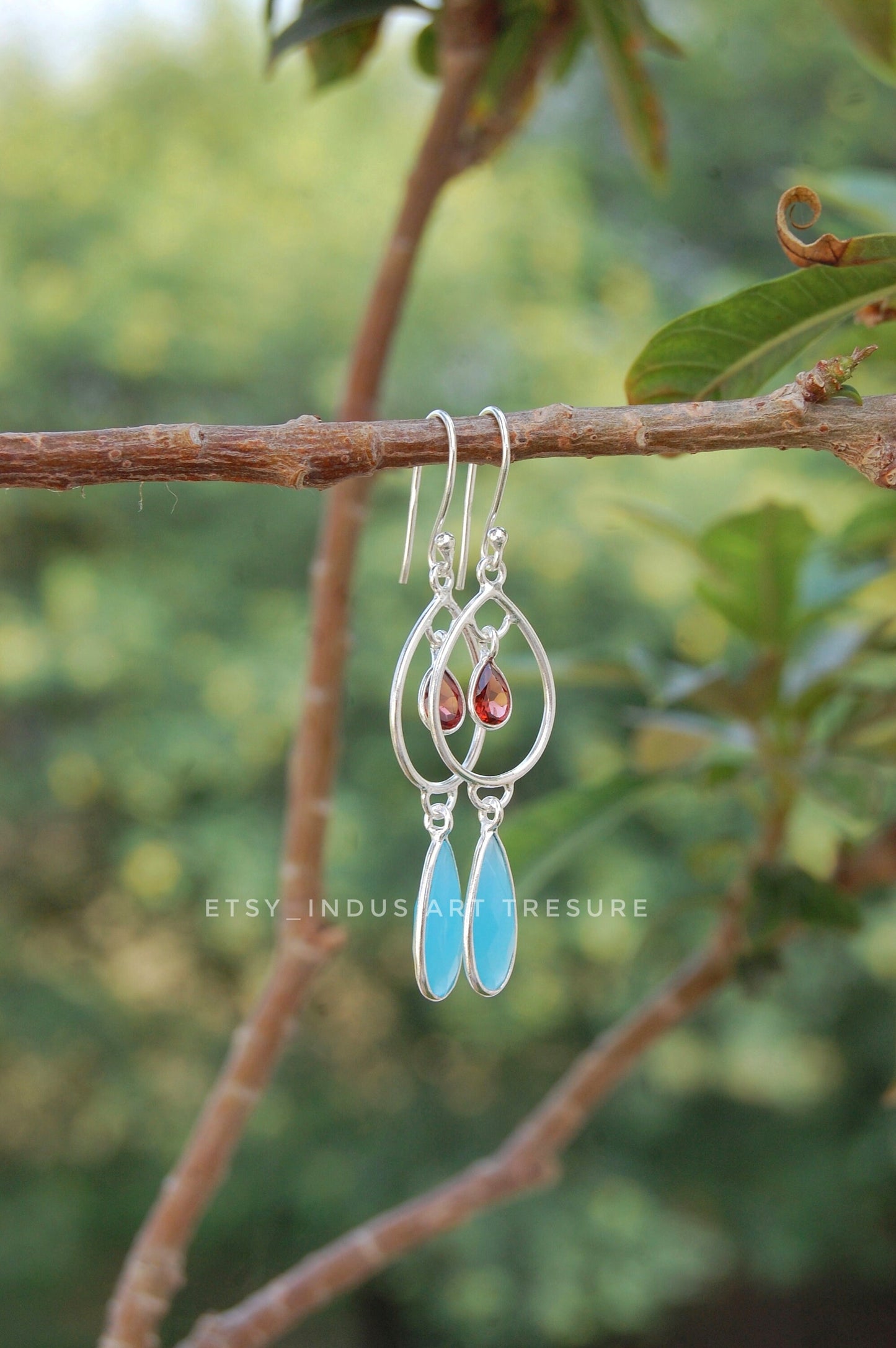 Aqua Chalcedony - Garnet Dangle Earrings
