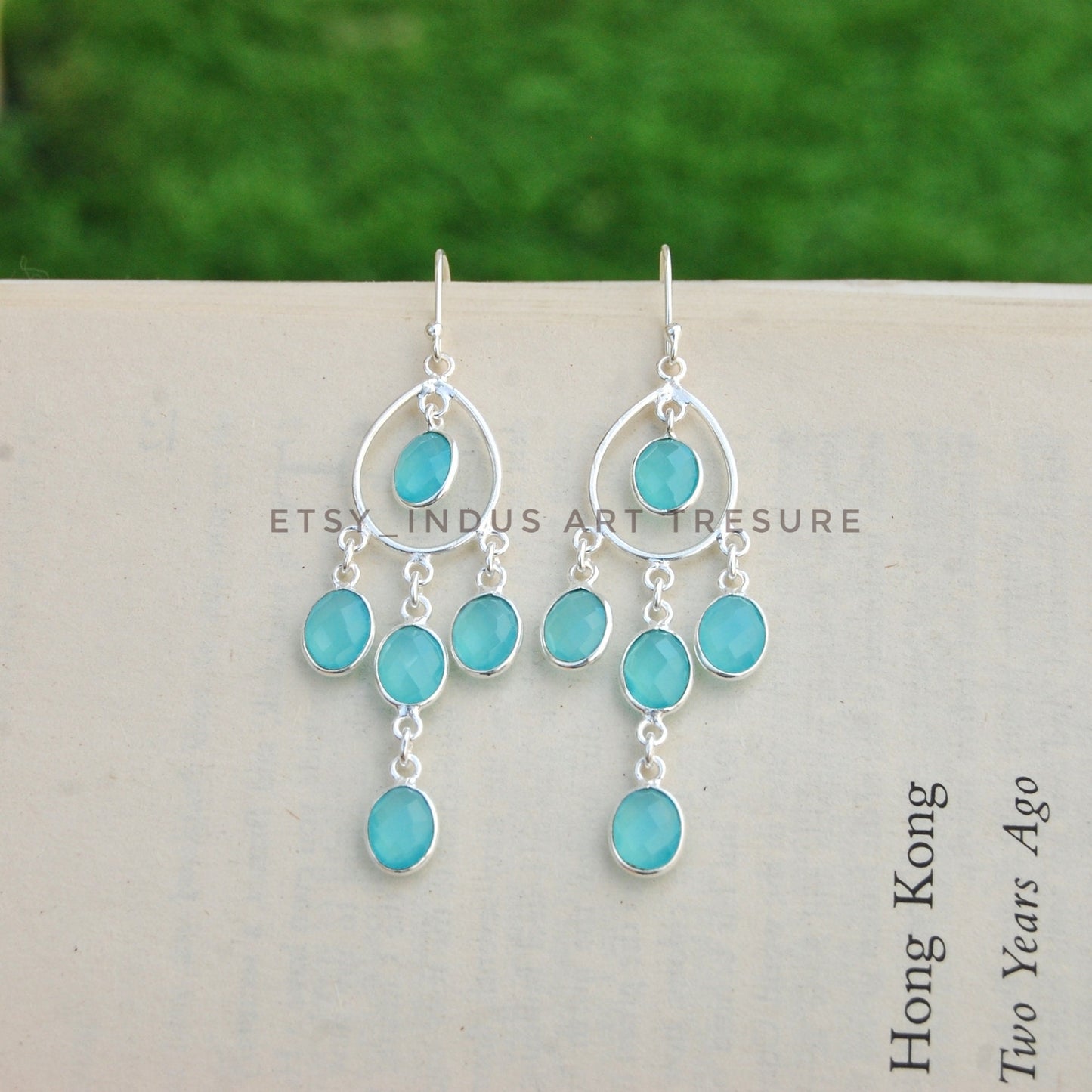 Aqua Chalcedony Long Dangling Earrings