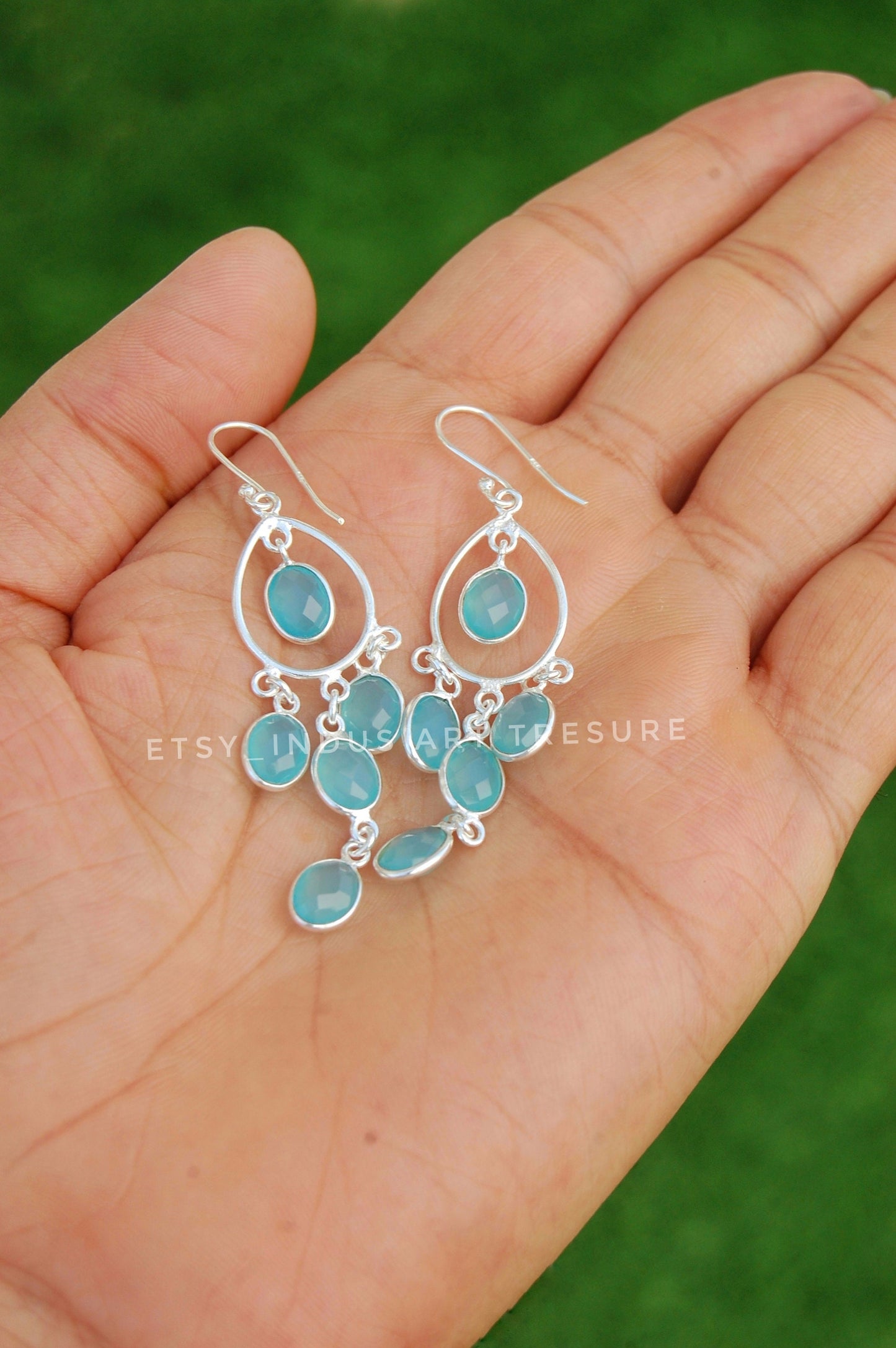 Aqua Chalcedony Long Dangling Earrings