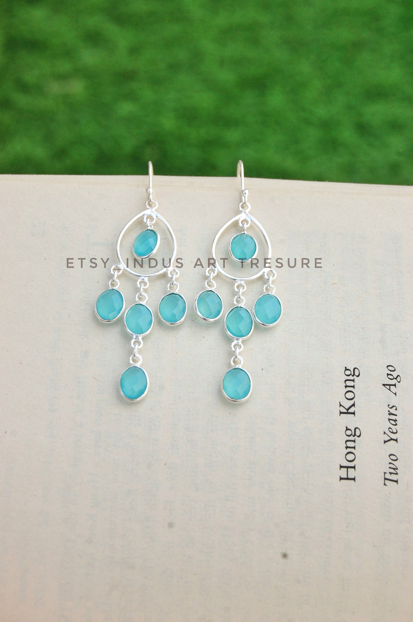 Aqua Chalcedony Long Dangling Earrings