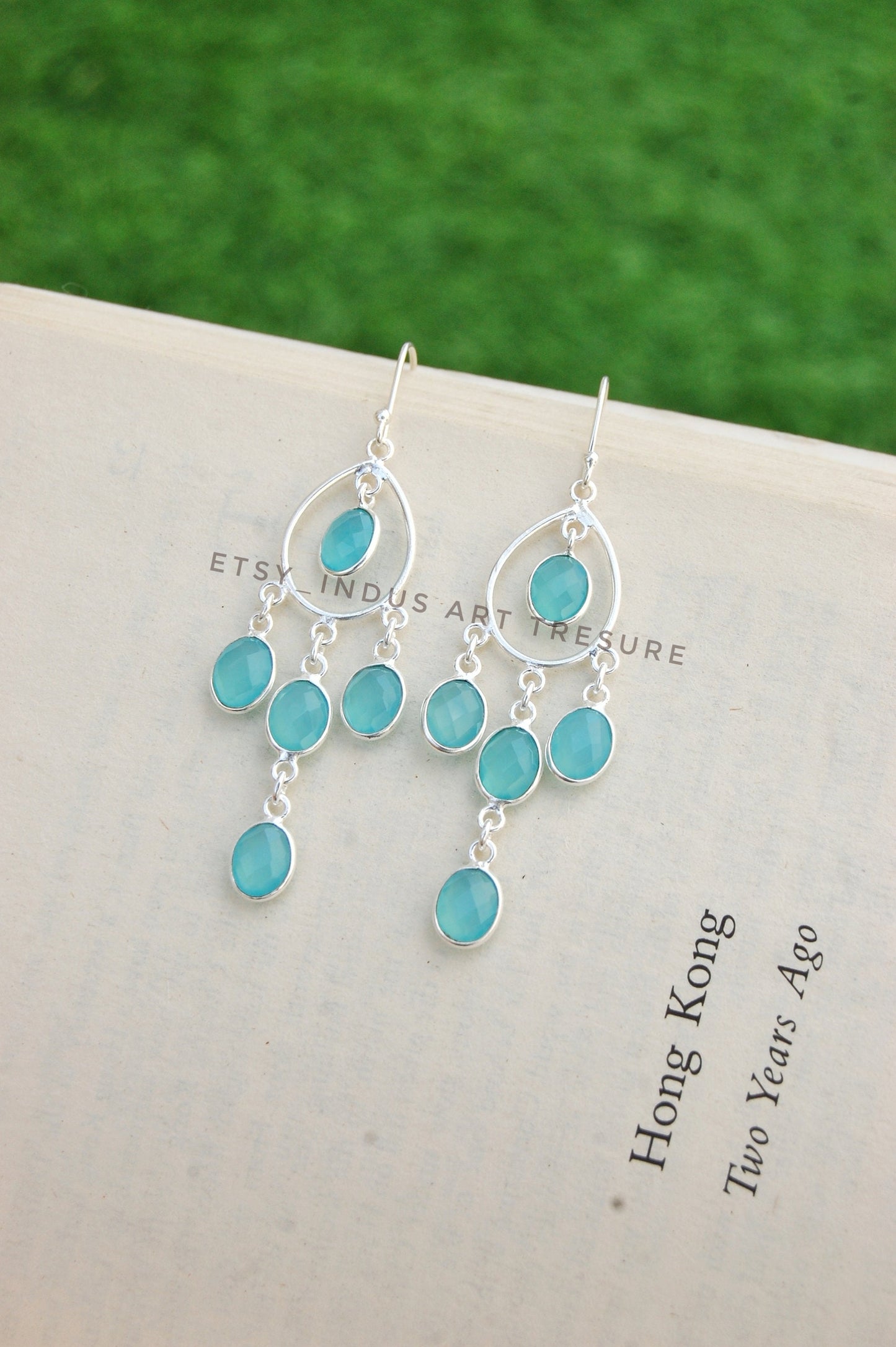 Aqua Chalcedony Long Dangling Earrings