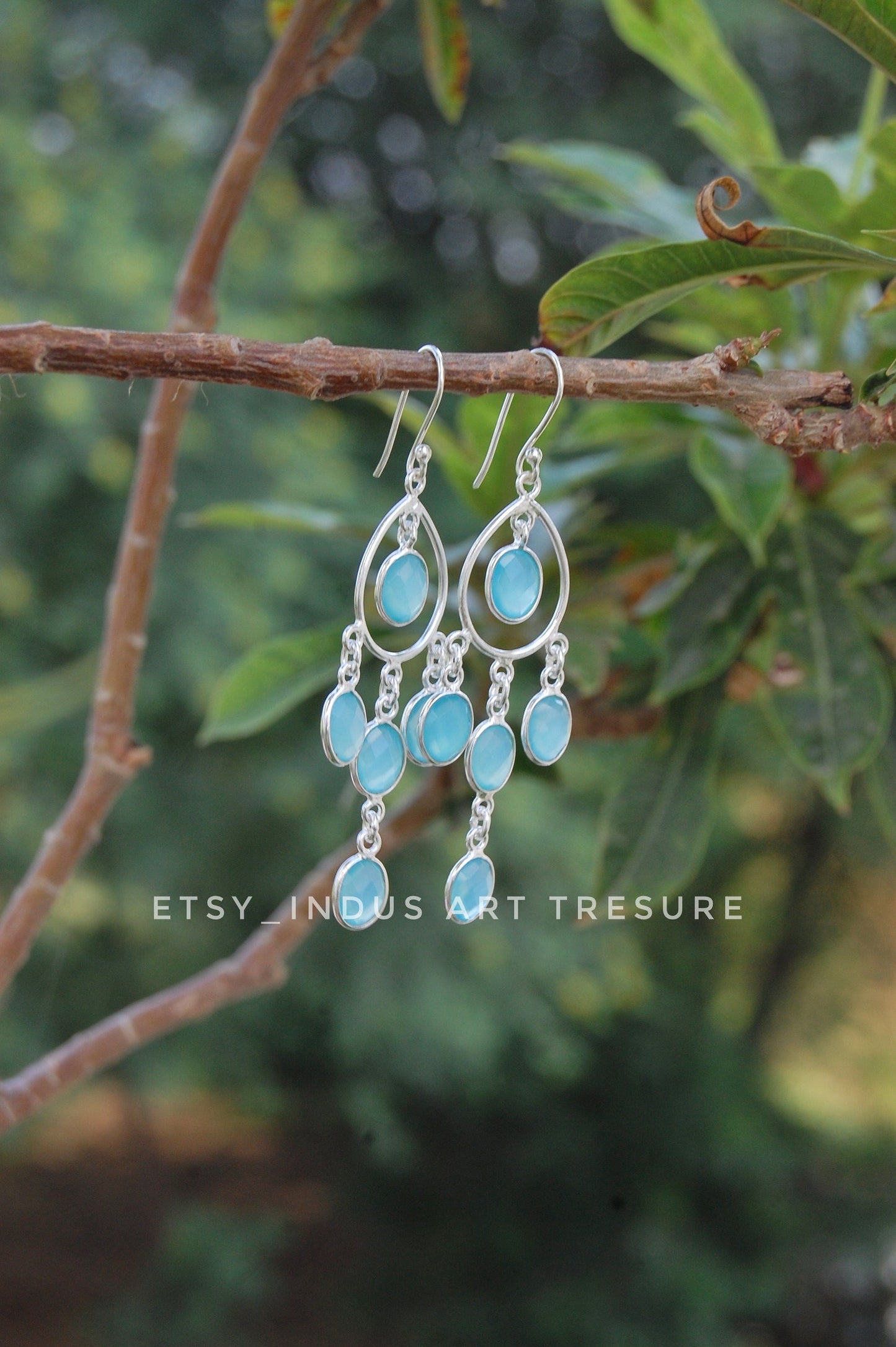 Aqua Chalcedony Long Dangling Earrings
