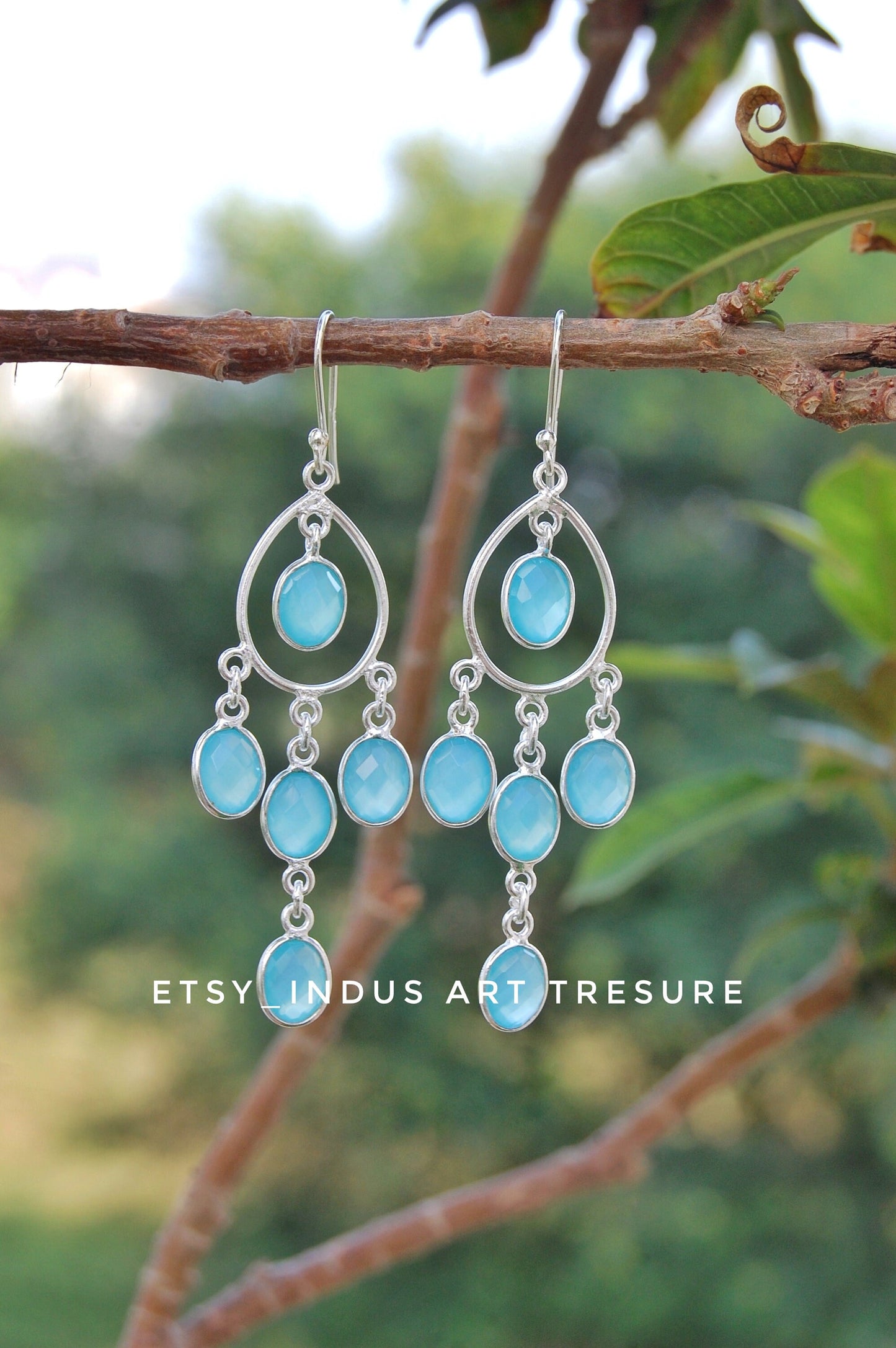 Aqua Chalcedony Long Dangling Earrings