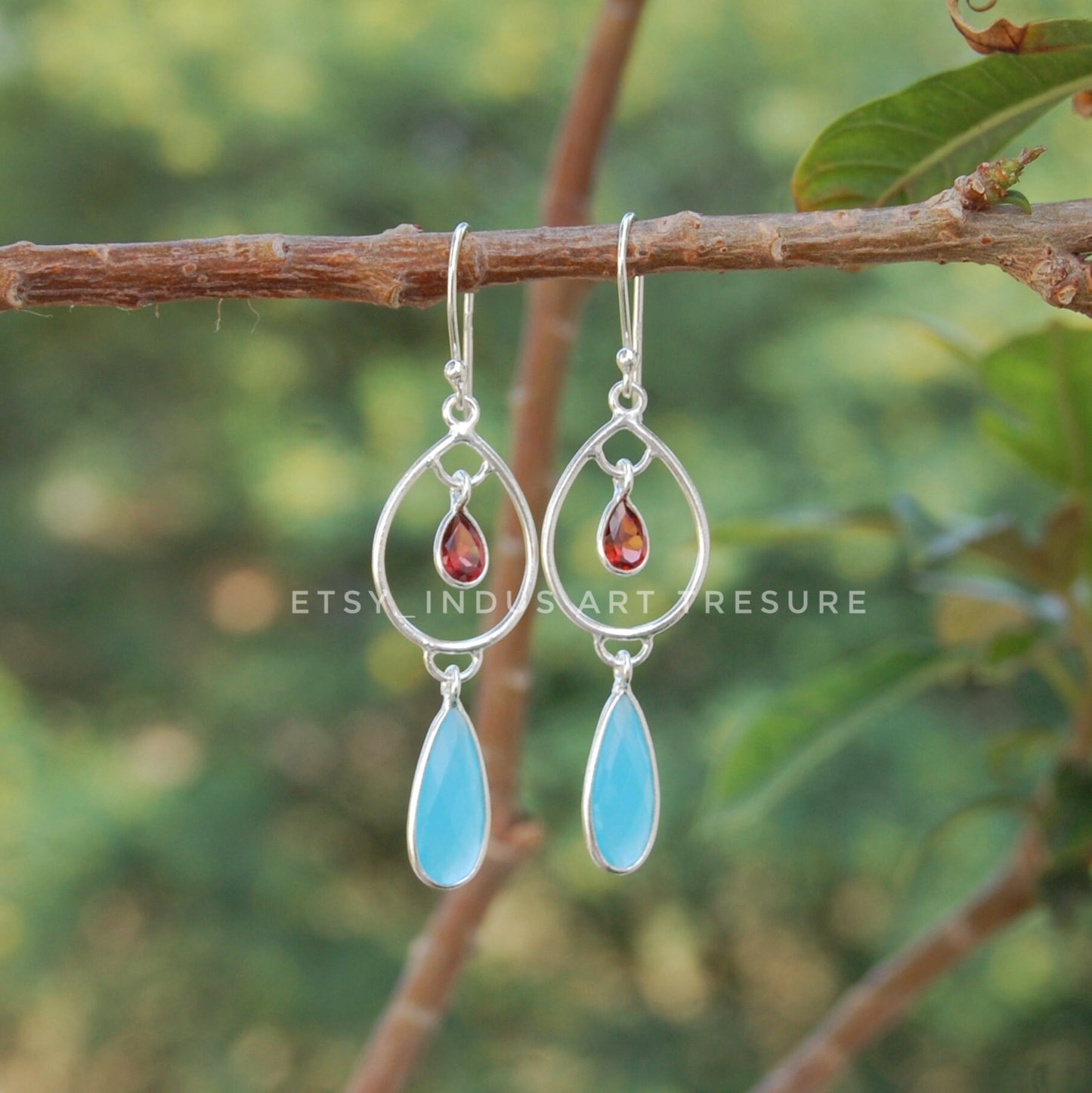 Aqua Chalcedony - Garnet Dangle Earrings