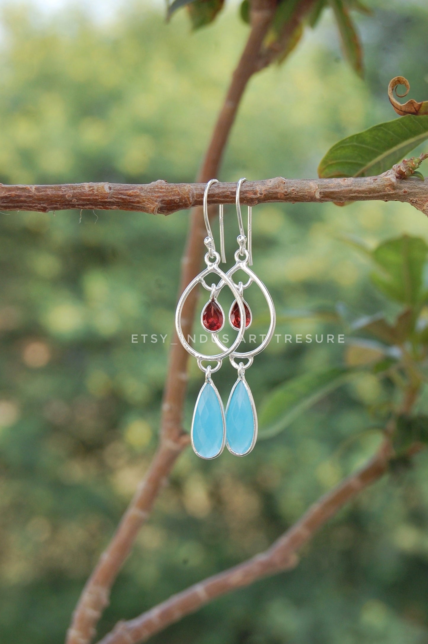 Aqua Chalcedony - Garnet Dangle Earrings