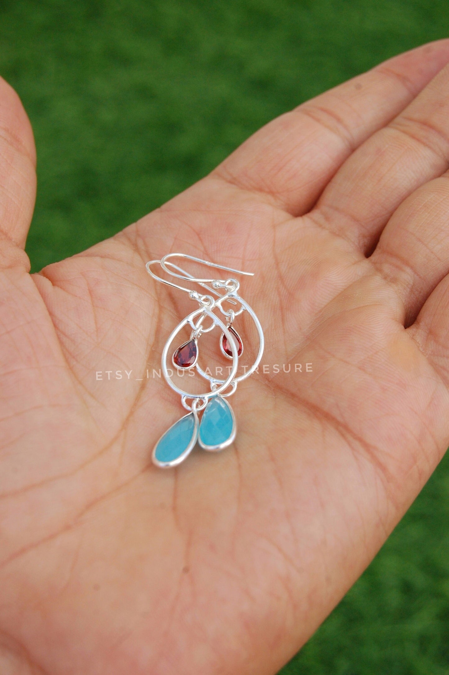 Aqua Chalcedony - Garnet Dangle Earrings