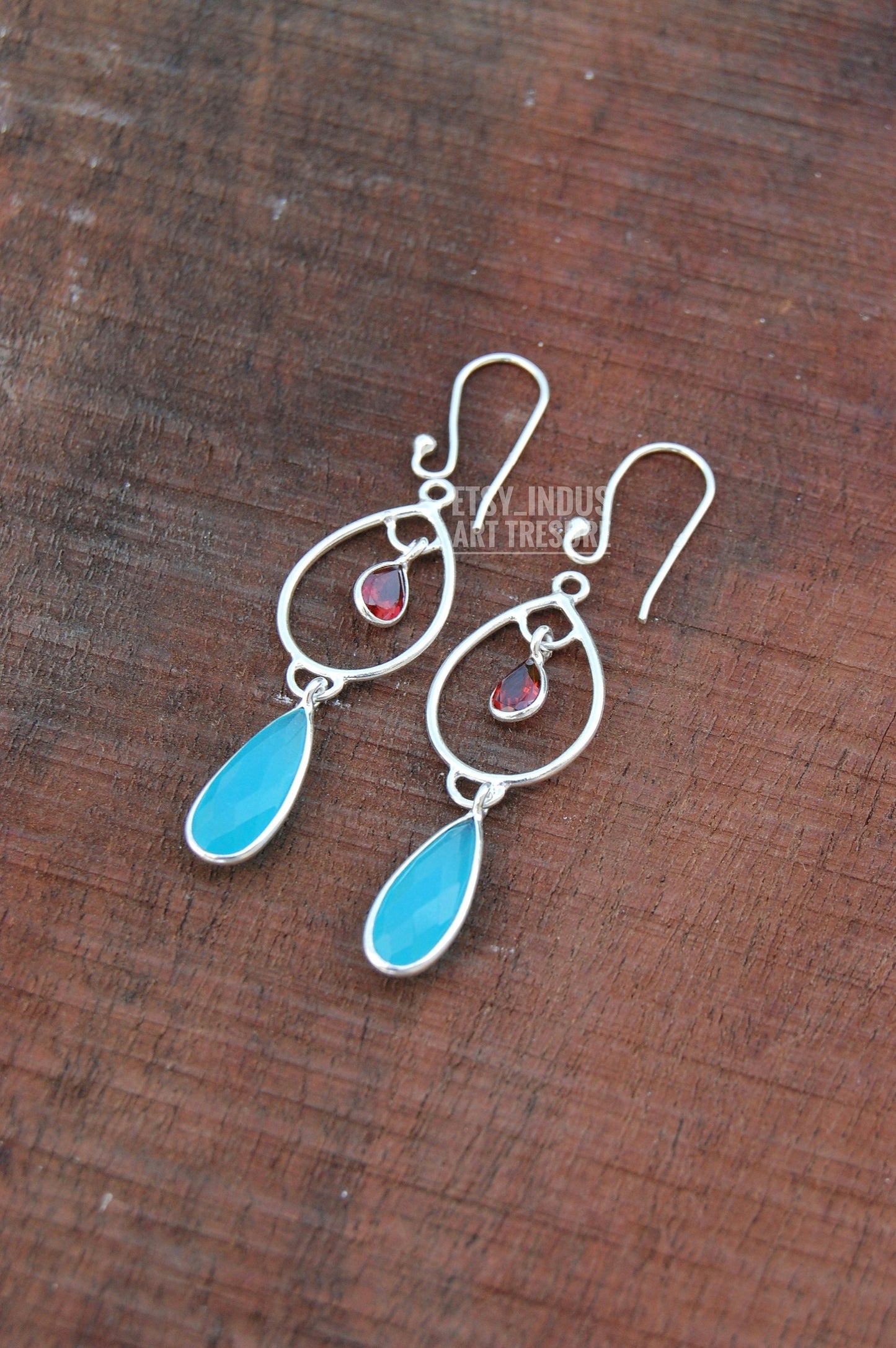 Aqua Chalcedony - Garnet Dangle Earrings