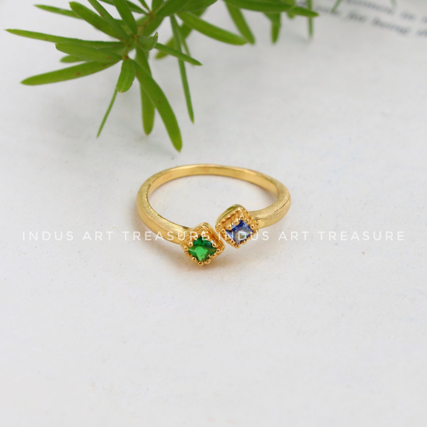 Blue Sapphire and Emerald Dainty Gold Plated Ring