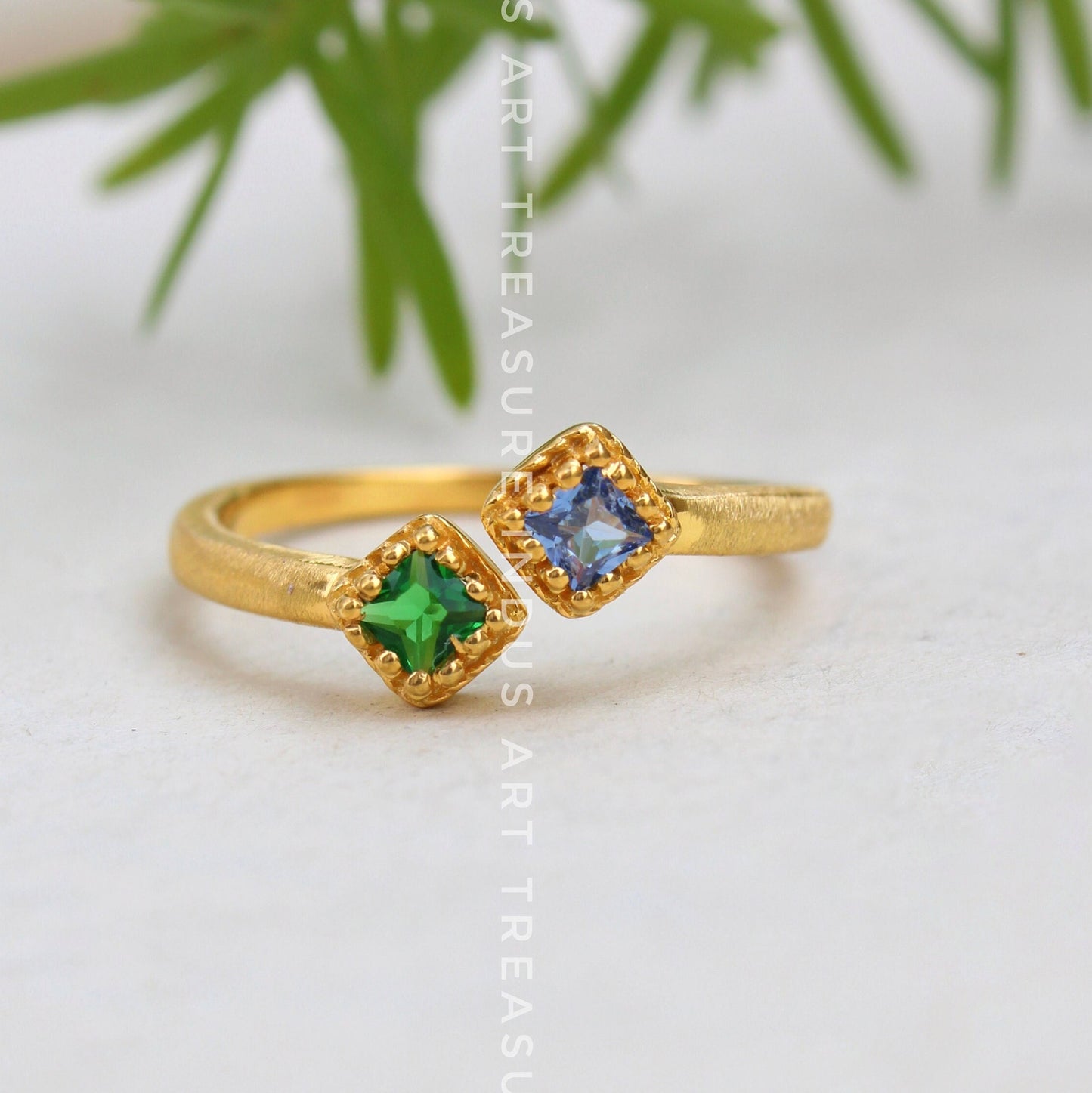 Blue Sapphire and Emerald Dainty Gold Plated Ring