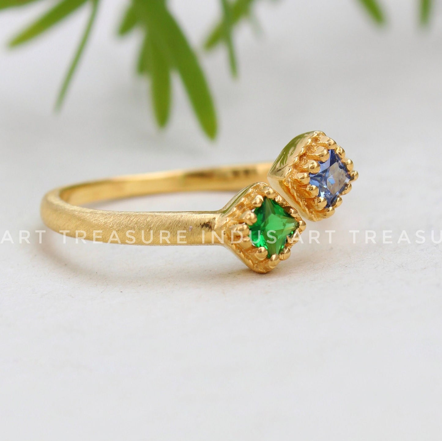 Blue Sapphire and Emerald Dainty Gold Plated Ring
