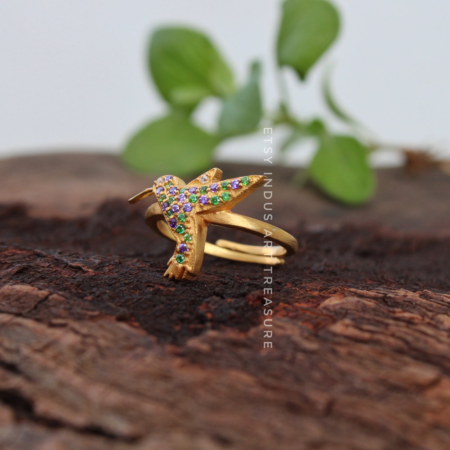 Blue Sapphire - Emerald Dainty Gold Ring
