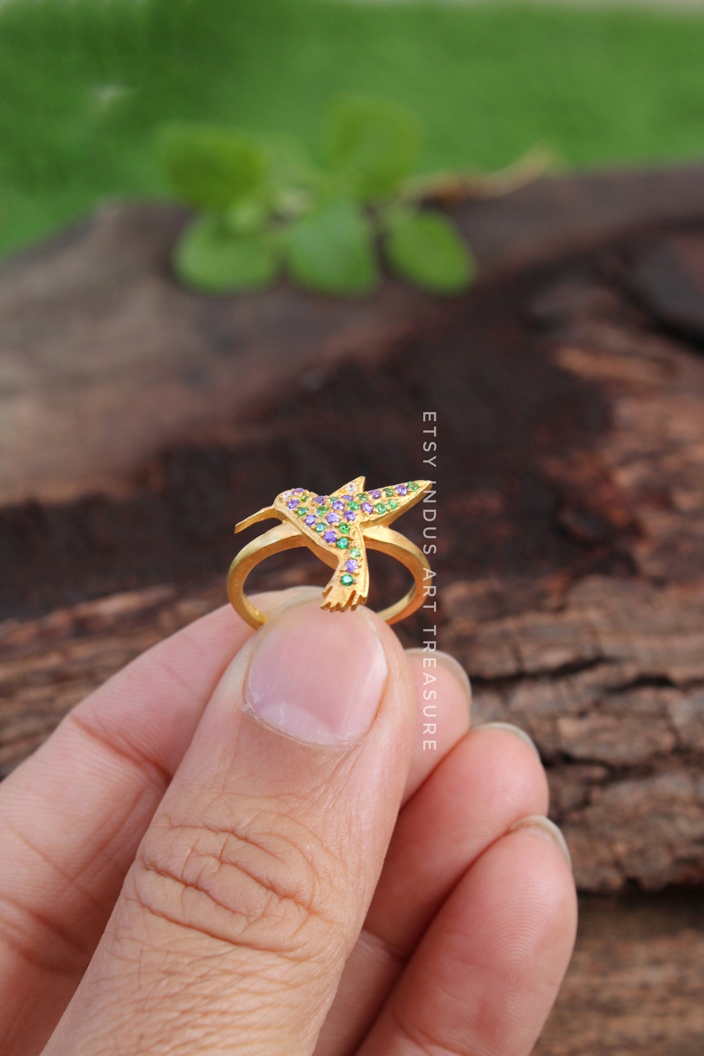 Blue Sapphire - Emerald Dainty Gold Ring