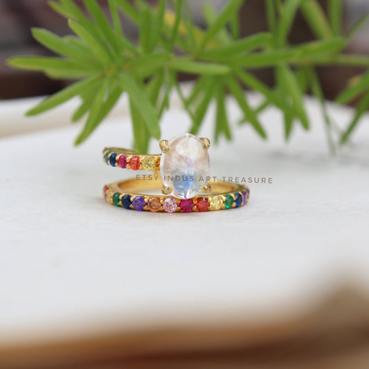 Rainbow Moonstone and Pink Tourmaline Gold Plated Ring