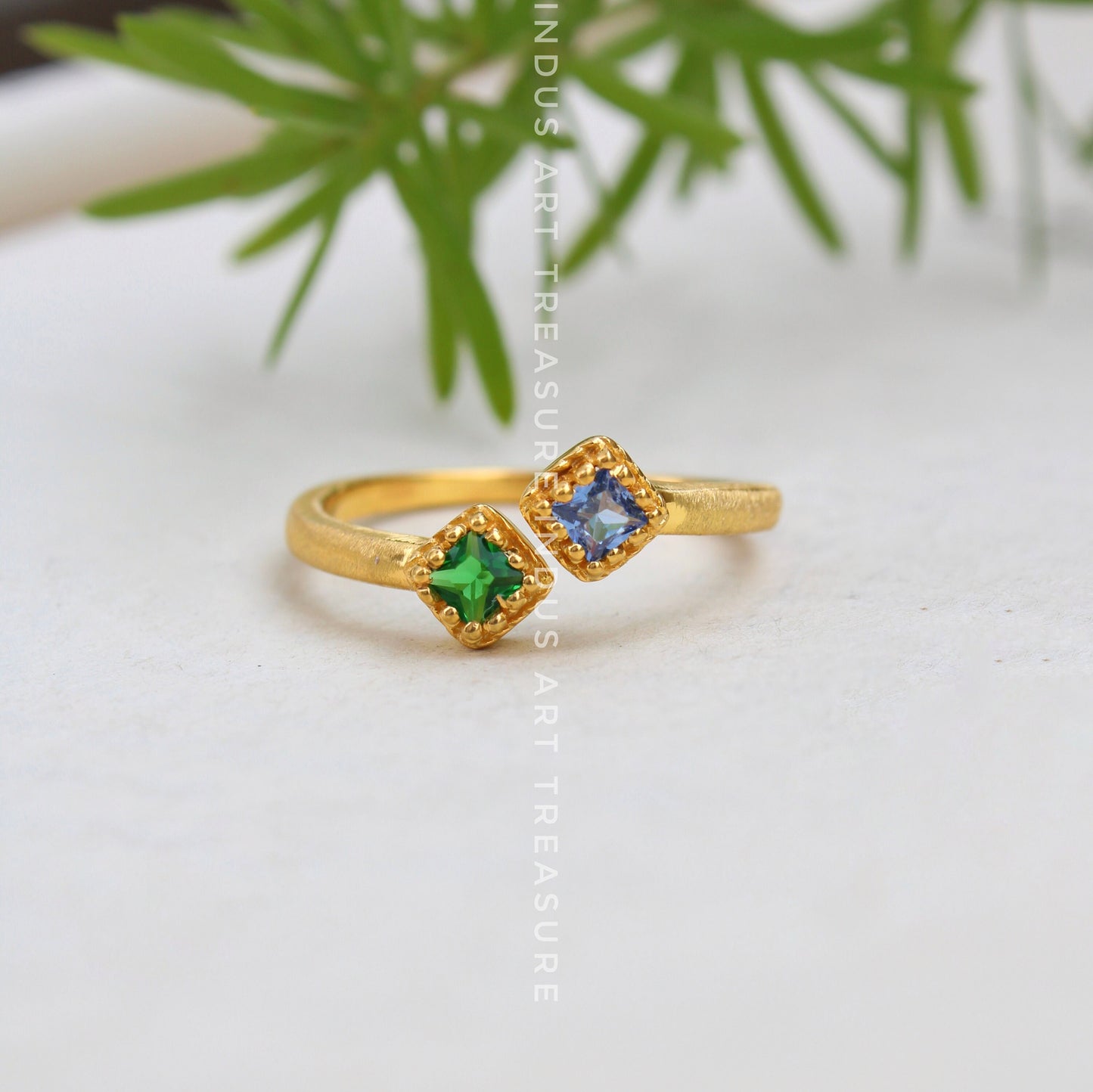 Blue Sapphire and Emerald Dainty Gold Plated Ring