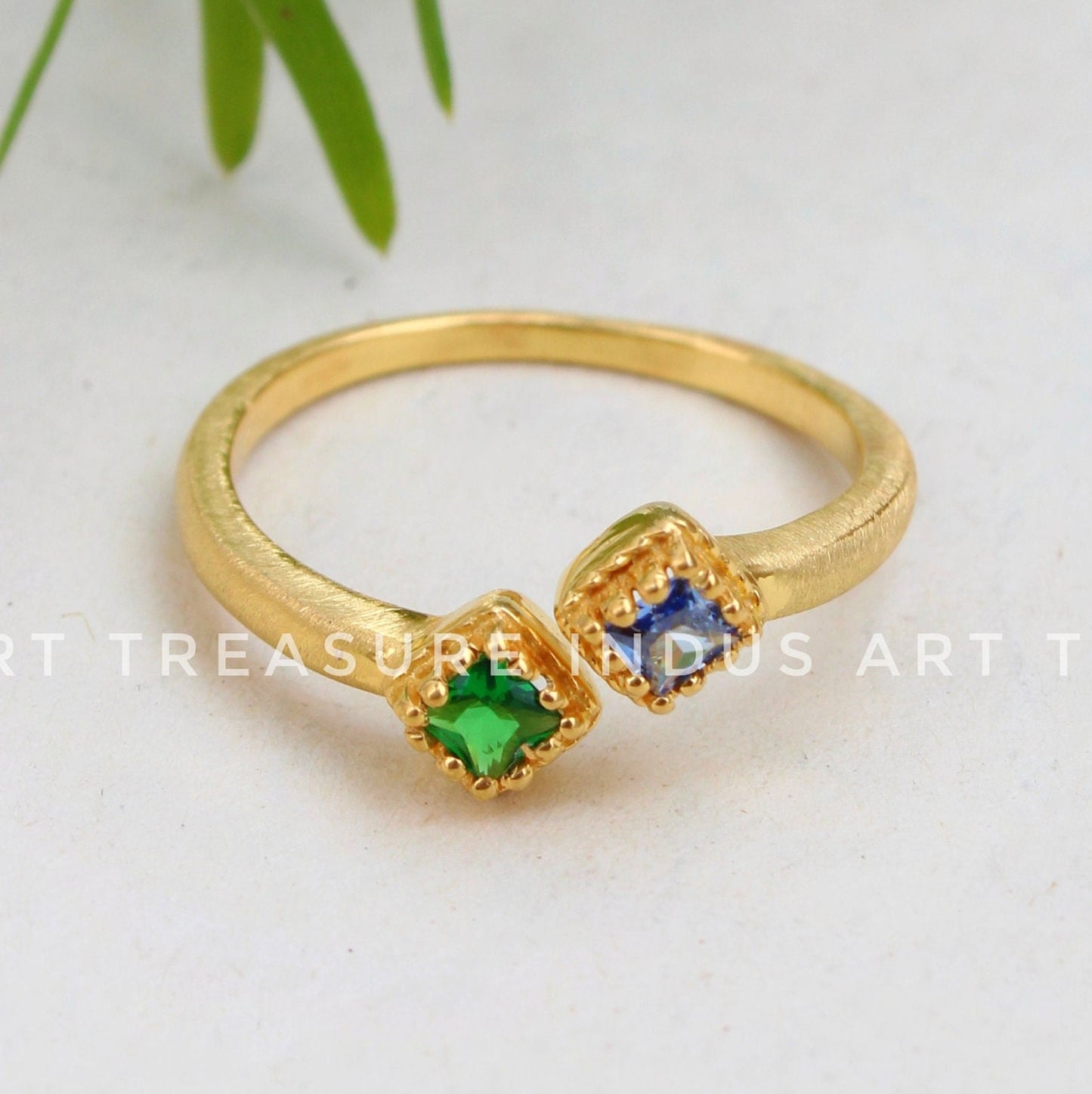 Blue Sapphire and Emerald Dainty Gold Plated Ring