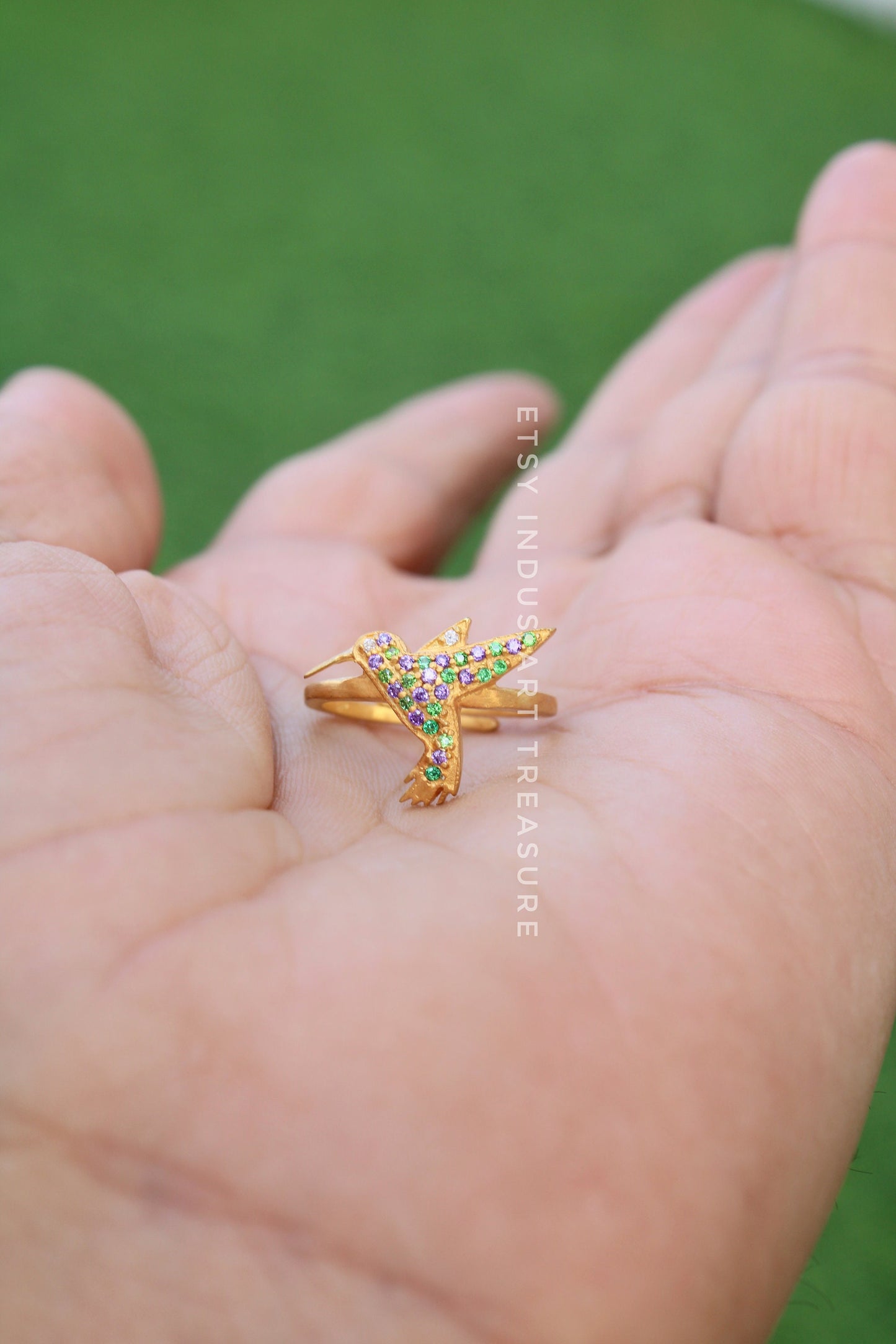 Blue Sapphire - Emerald Dainty Gold Ring