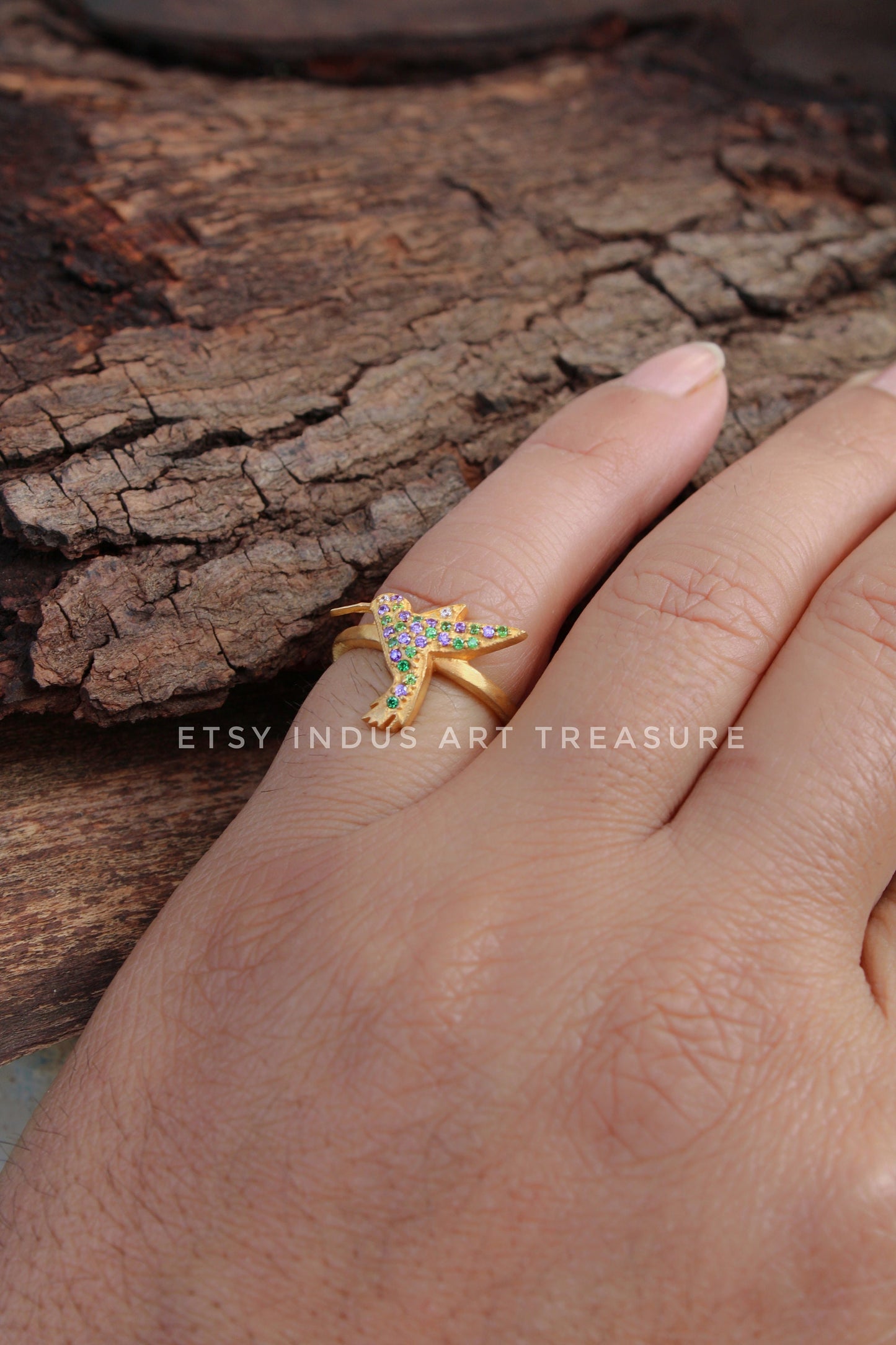 Blue Sapphire - Emerald Dainty Gold Ring