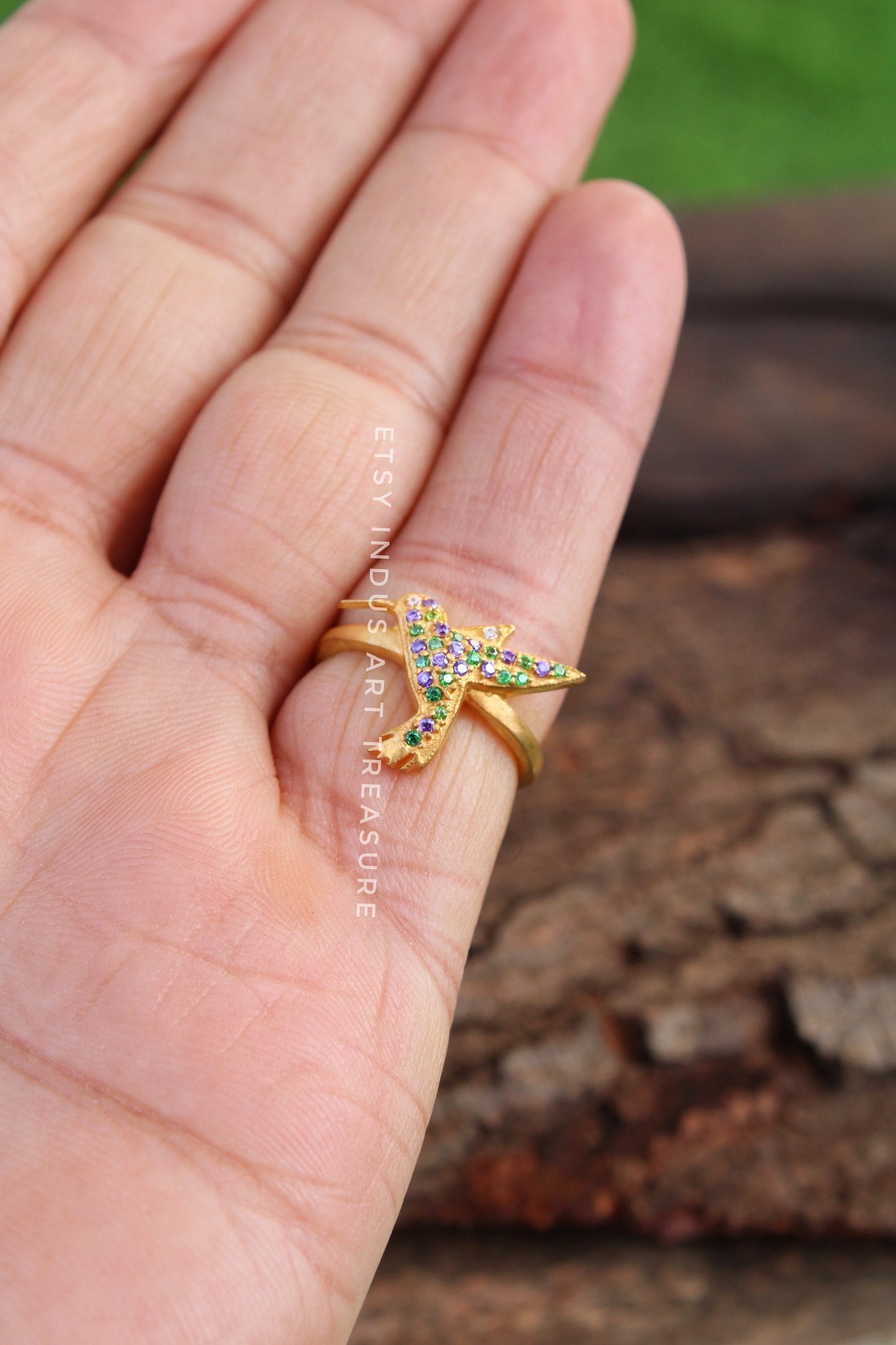 Blue Sapphire - Emerald Dainty Gold Ring
