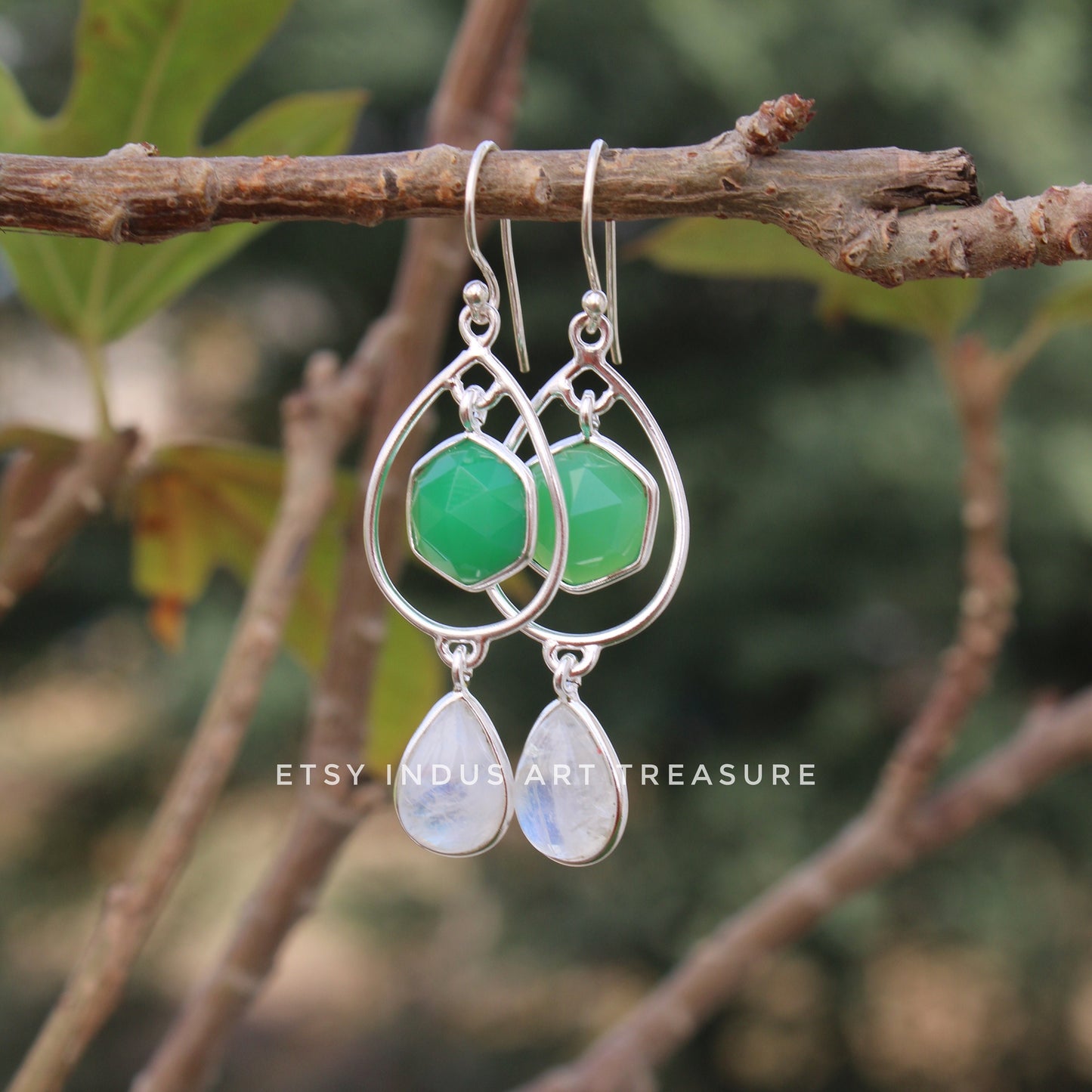 Green Jade - Moonstone Dangle Earrings