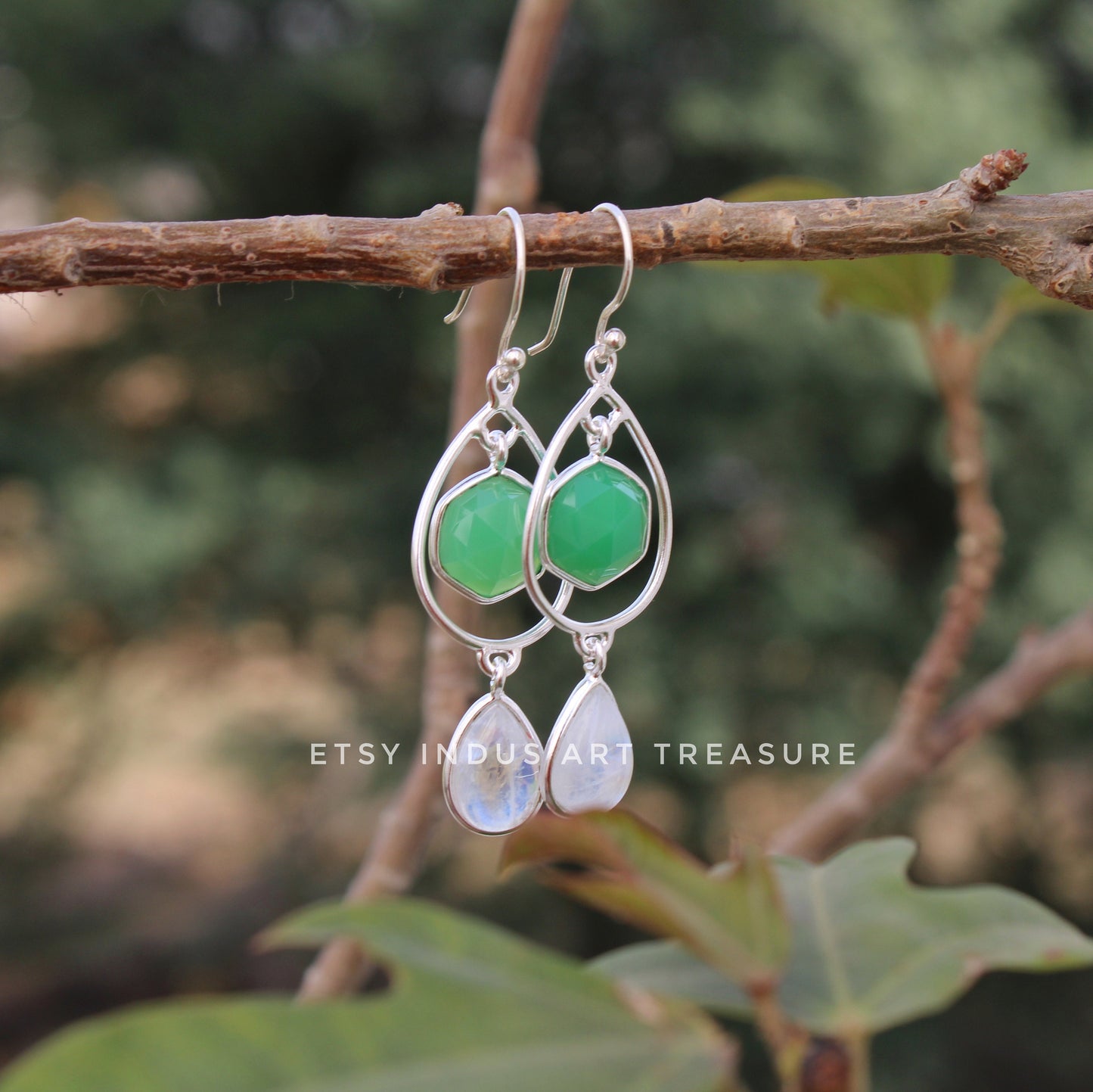 Green Jade - Moonstone Dangle Earrings
