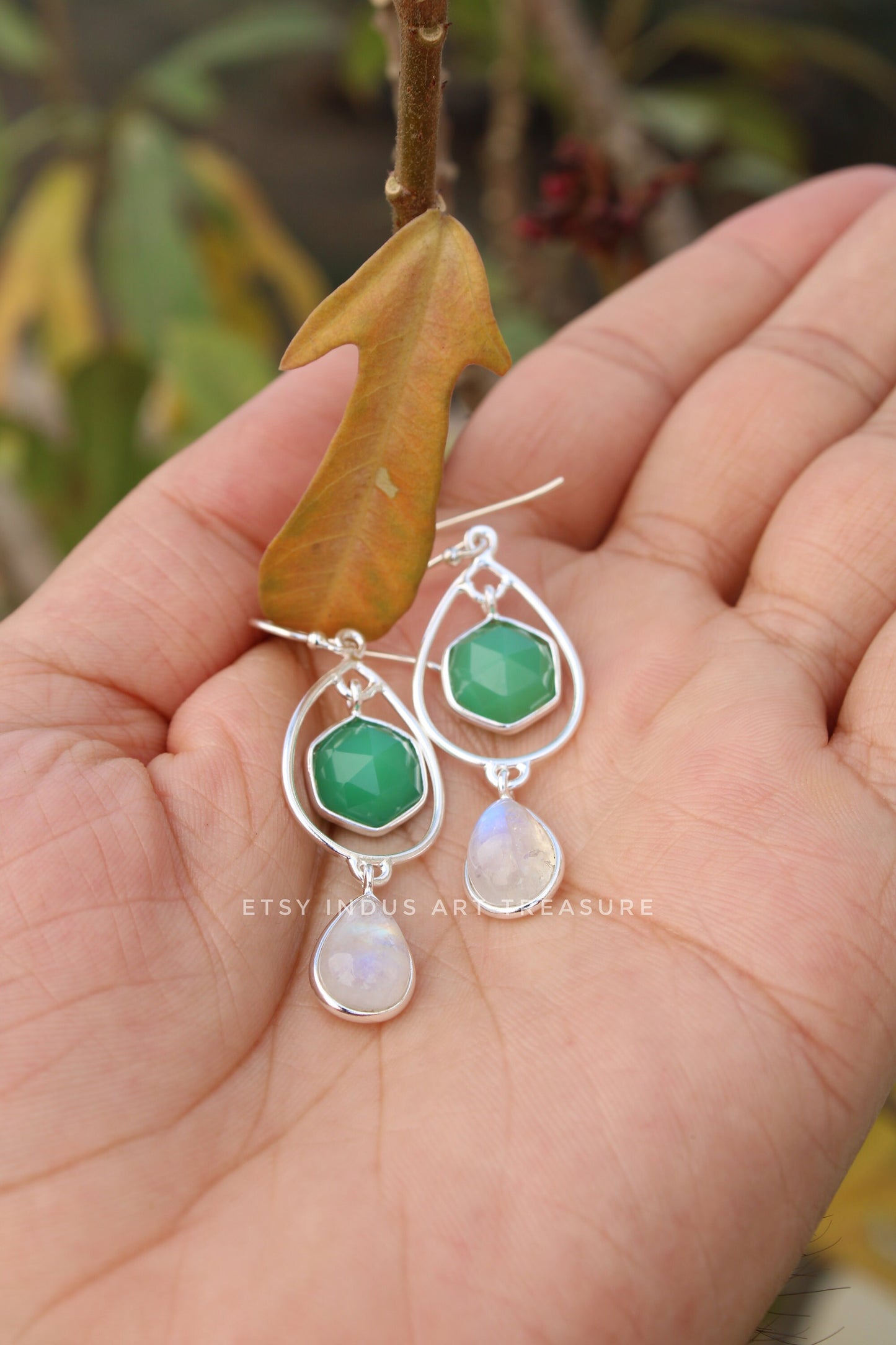 Green Jade - Moonstone Dangle Earrings