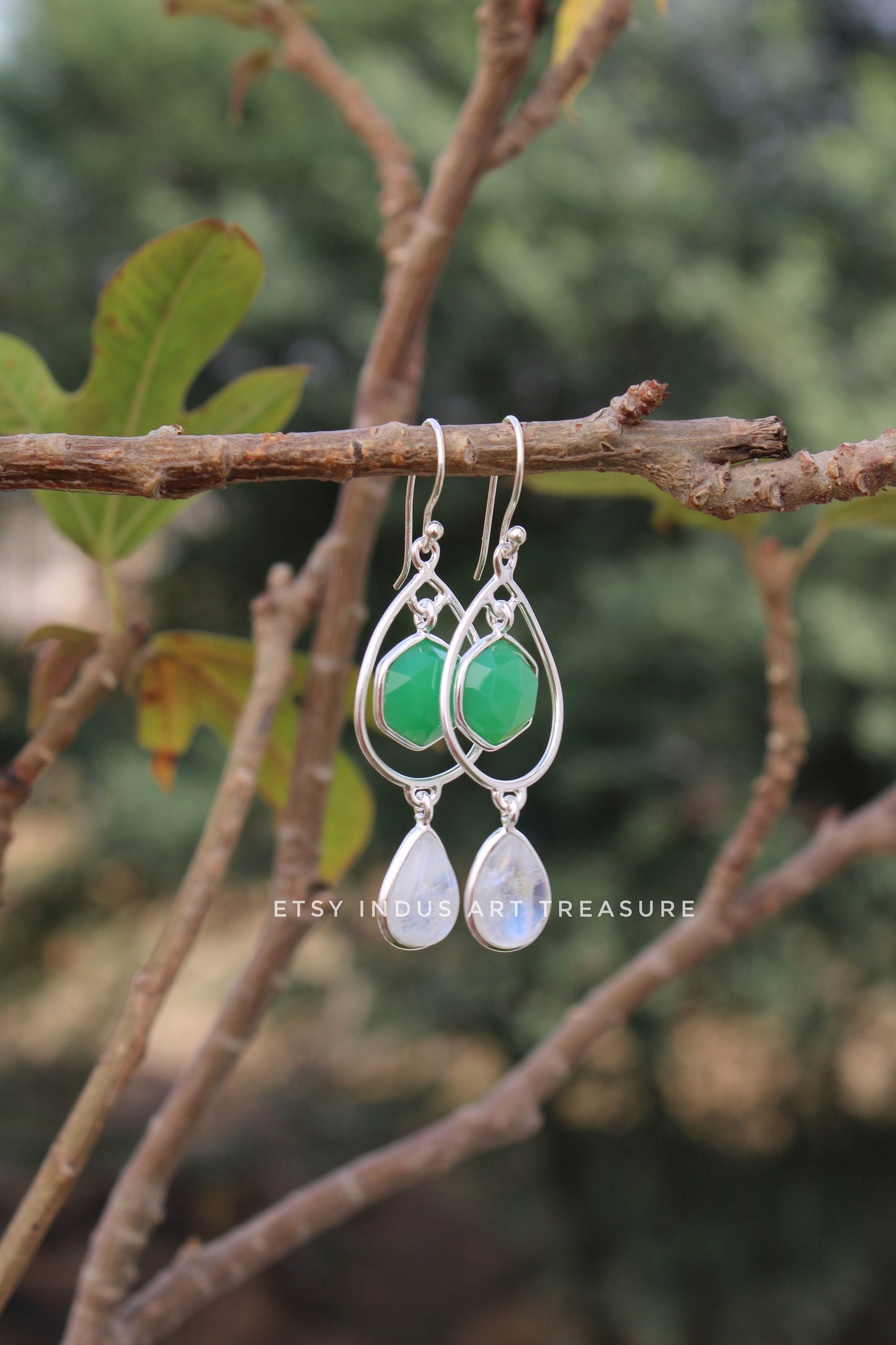 Green Jade - Moonstone Dangle Earrings